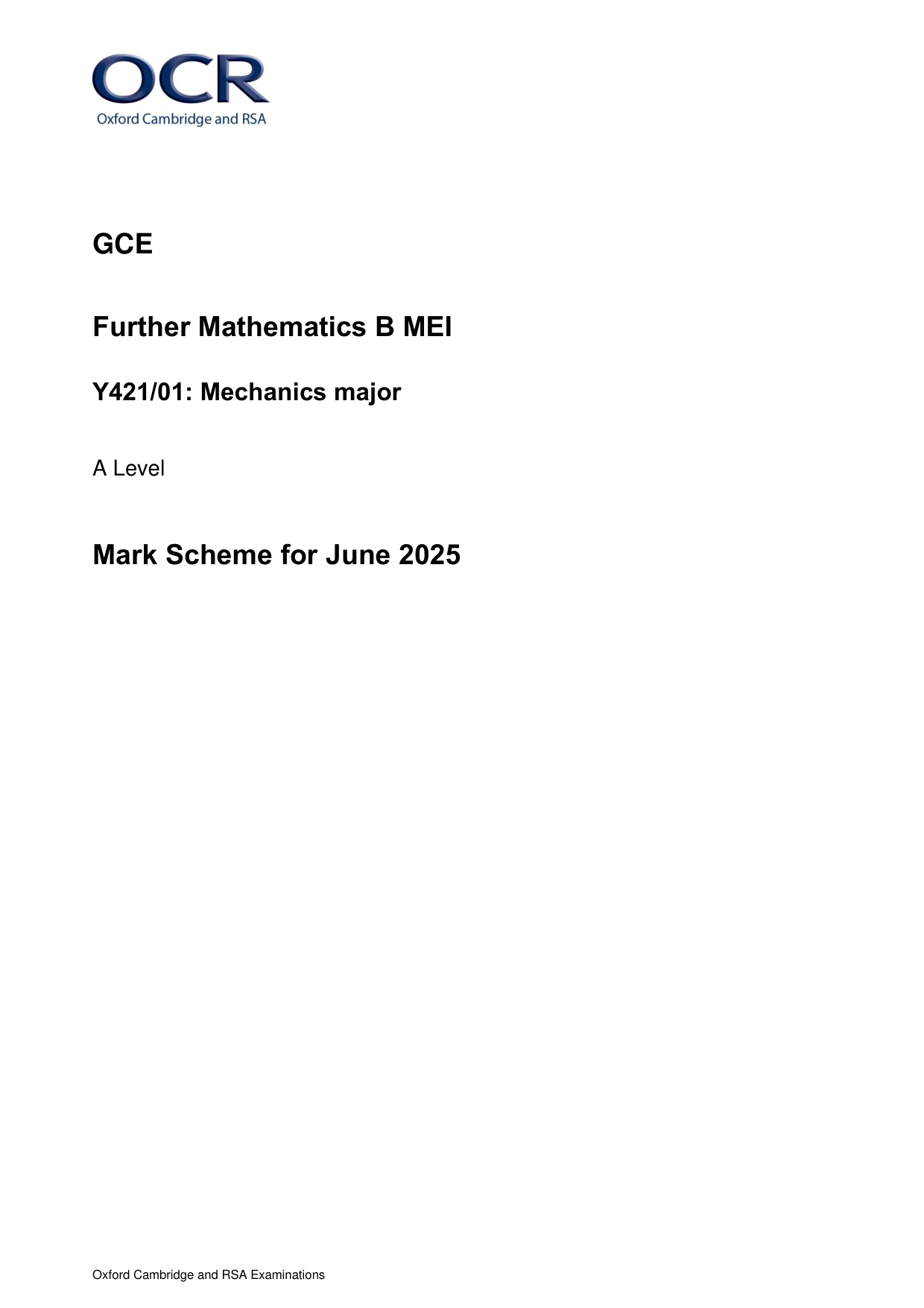 OCR A Level Further Maths Paper 1 Mechanics 2025 MS