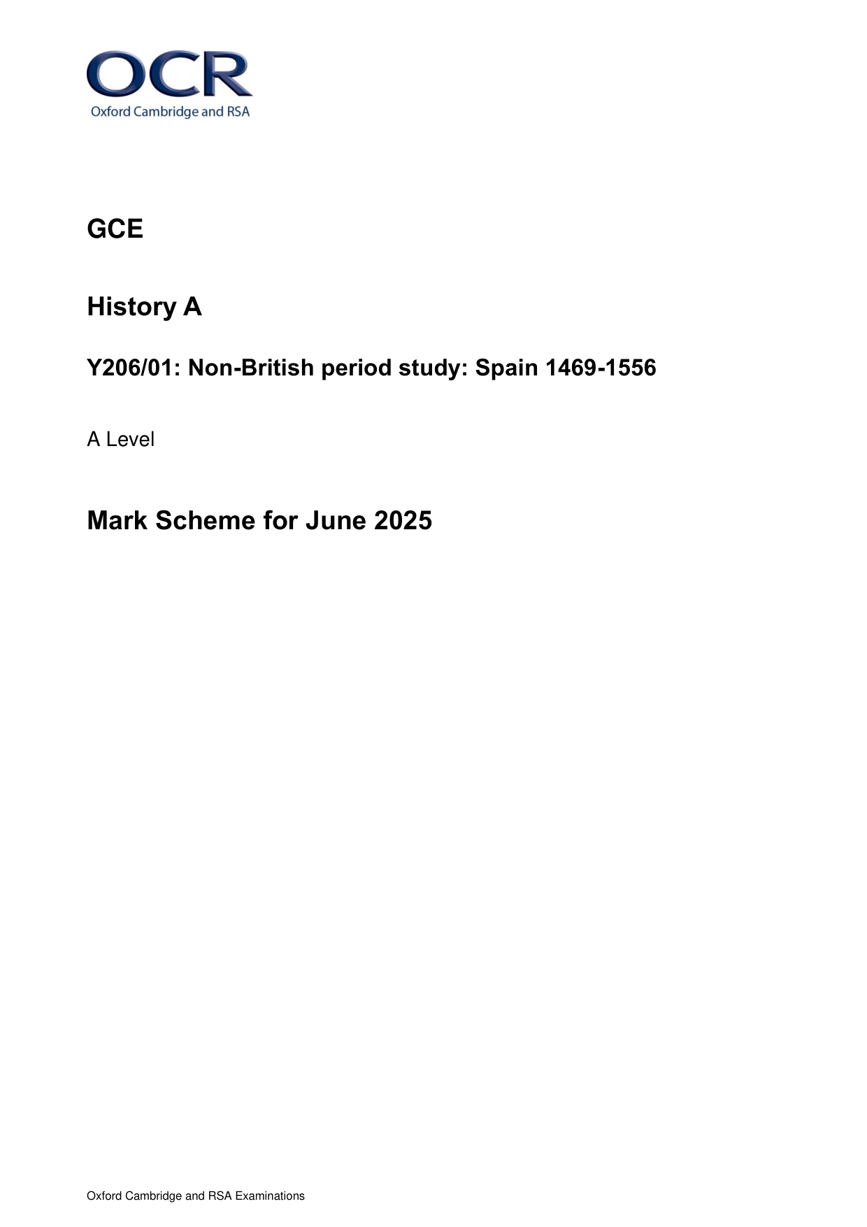 OCR A Level History A Spain 1469-1556 2025 Mark Scheme