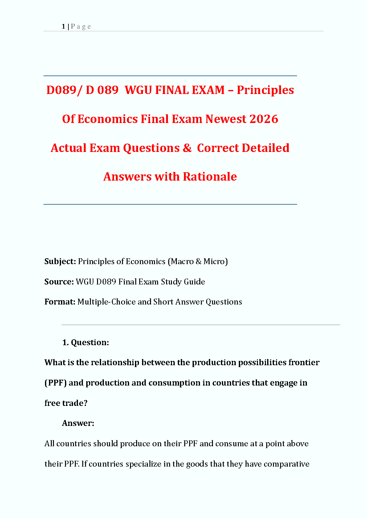 WGU D089 Principles of Economics Final Exam Test Bank: Verified Questions, Answers and Rationales for the Newest Edition
