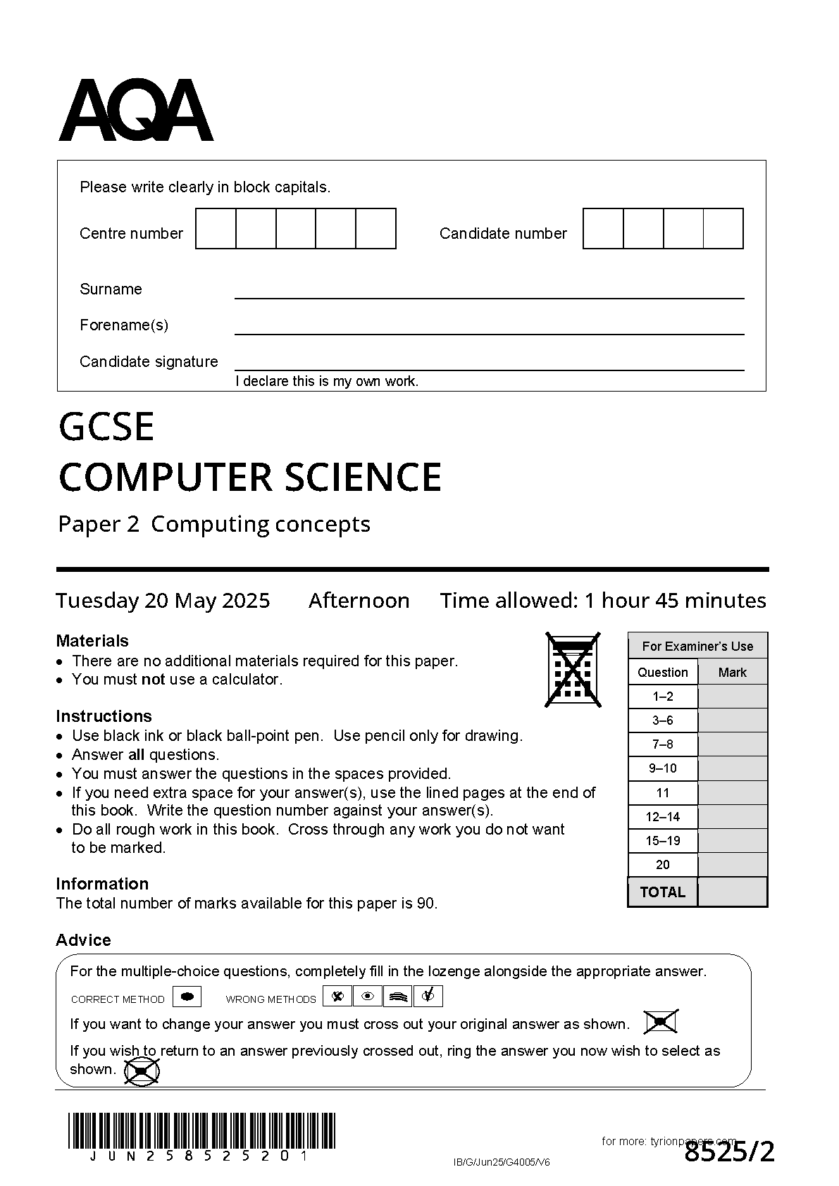 BUNDLE 2025 AQA GCSE COMPUTER SCIENCE Paper 2 and Mark Scheme (8525/2: Computing concepts)