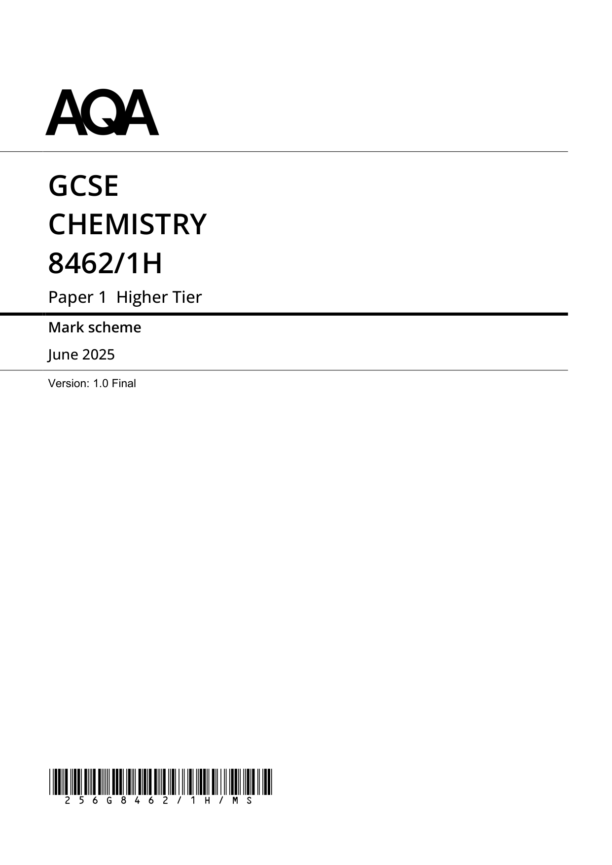 AQA GCSE Chemistry 1H 2025 Mark Scheme PDF
