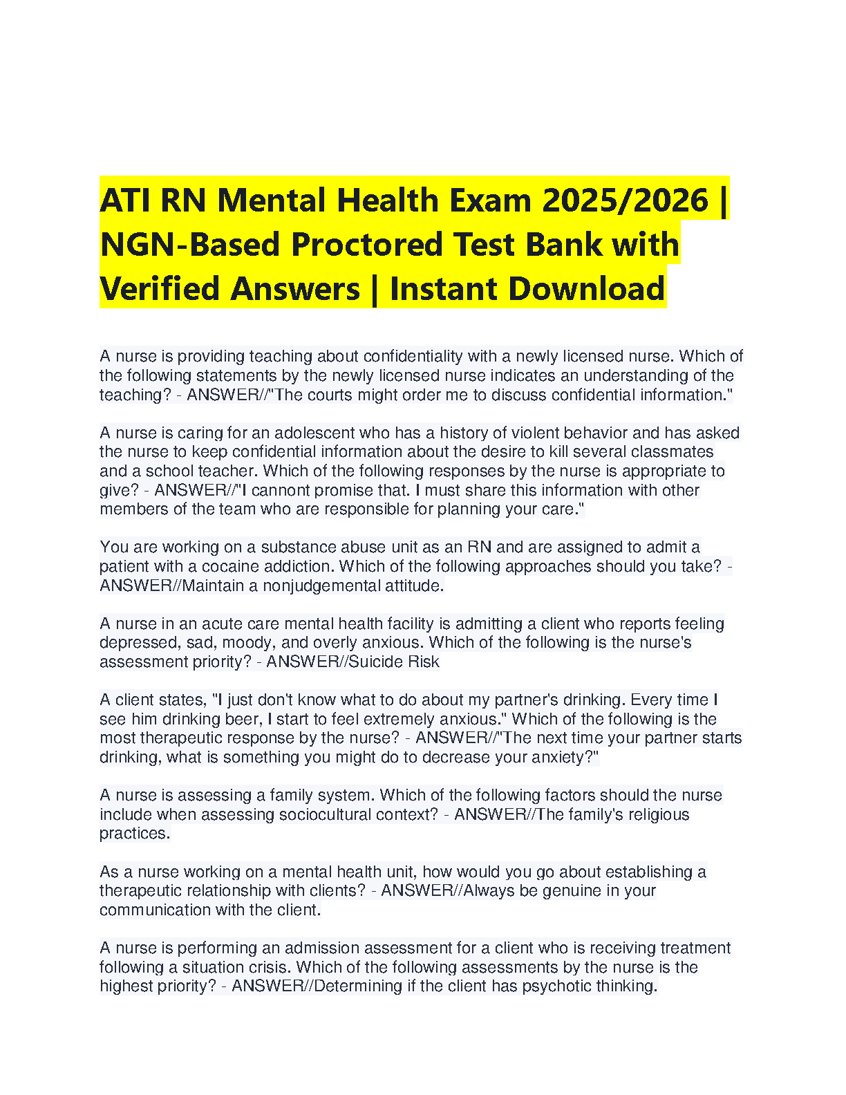 ATI RN Mental Health Nursing Test Bank 12th Edition NGN Questions and Answers for 2026/27 Exam Success