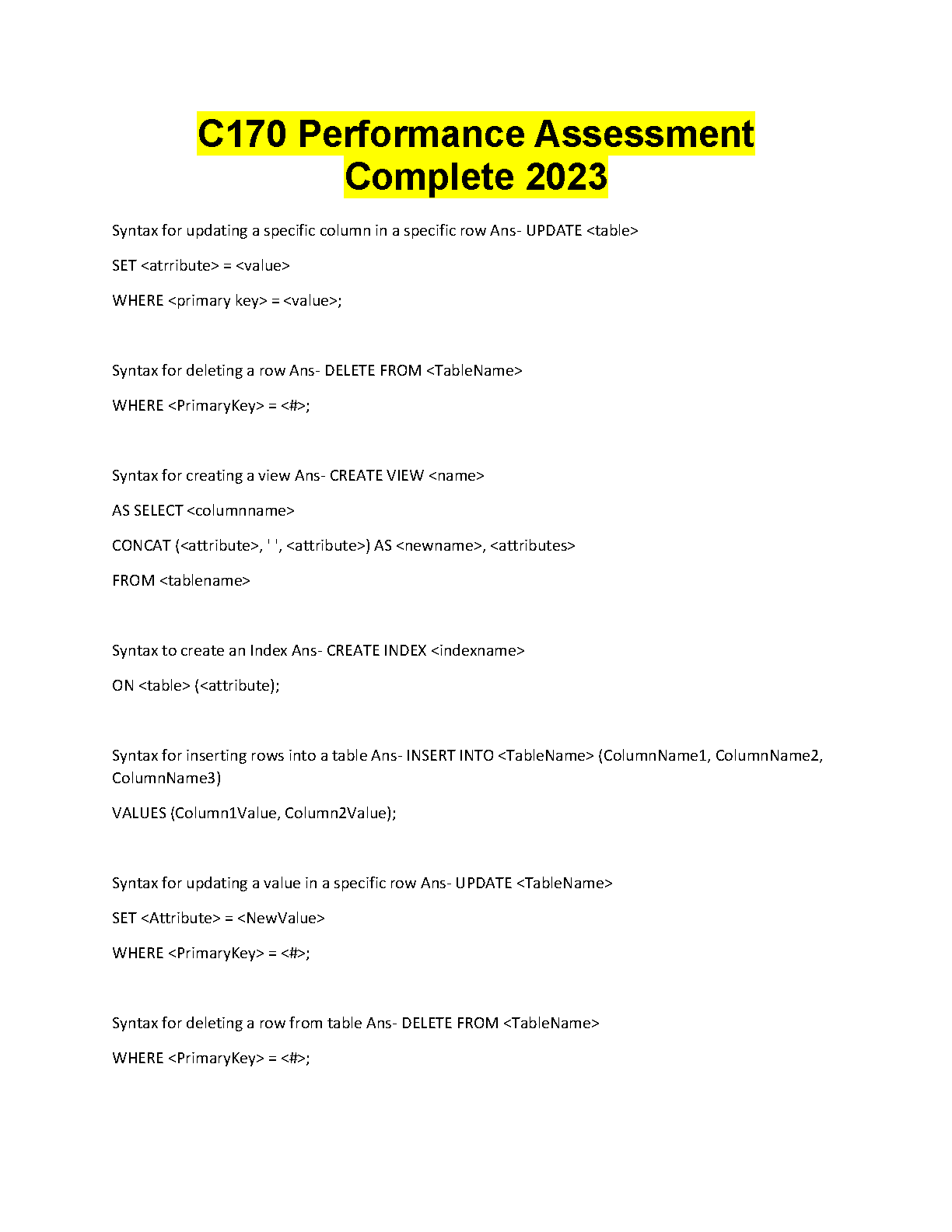 WGU C170 Data Management Applications Performance Assessment Study Guide 2025/2026: SQL Mastery & Exam Success Resource