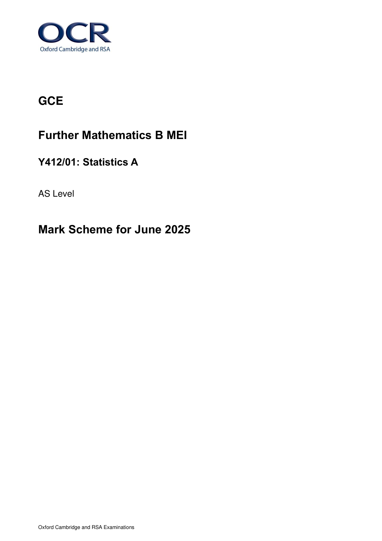 OCR AS Further Maths Paper 1 Statistics 2025 Mark Scheme