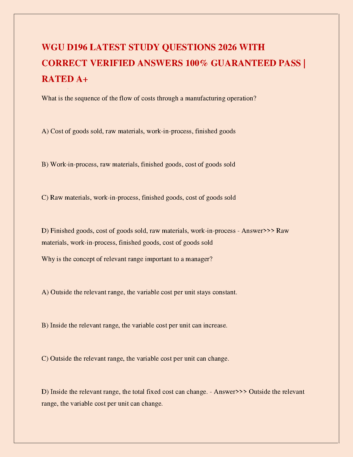 WGU D196 Managerial Accounting Test Bank (Garrison, Noreen, Brewer) | 2025/2026 Exam Questions with Verified Answers