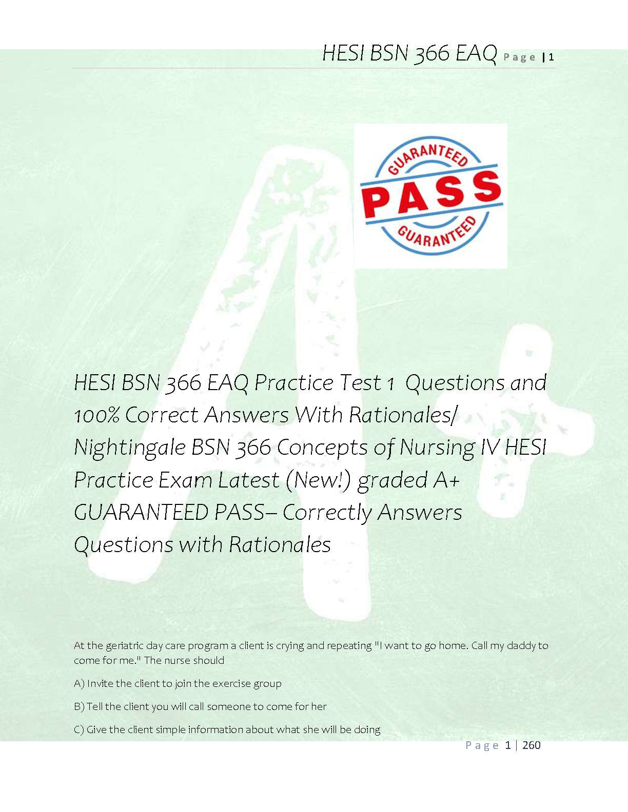HESI BSN 366 EAQ Practice Test 1 Questions and Answers with Rationales Nightingale Concepts of Nursing IV Latest New Release for Academic Year 2026/2027 Guaranteed Pass