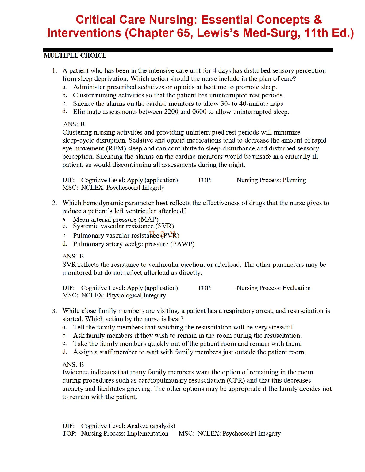 Test Bank for Lewis's Medical-Surgical Nursing, 11th Edition: Critical Care Nursing Chapter 65 with Answers