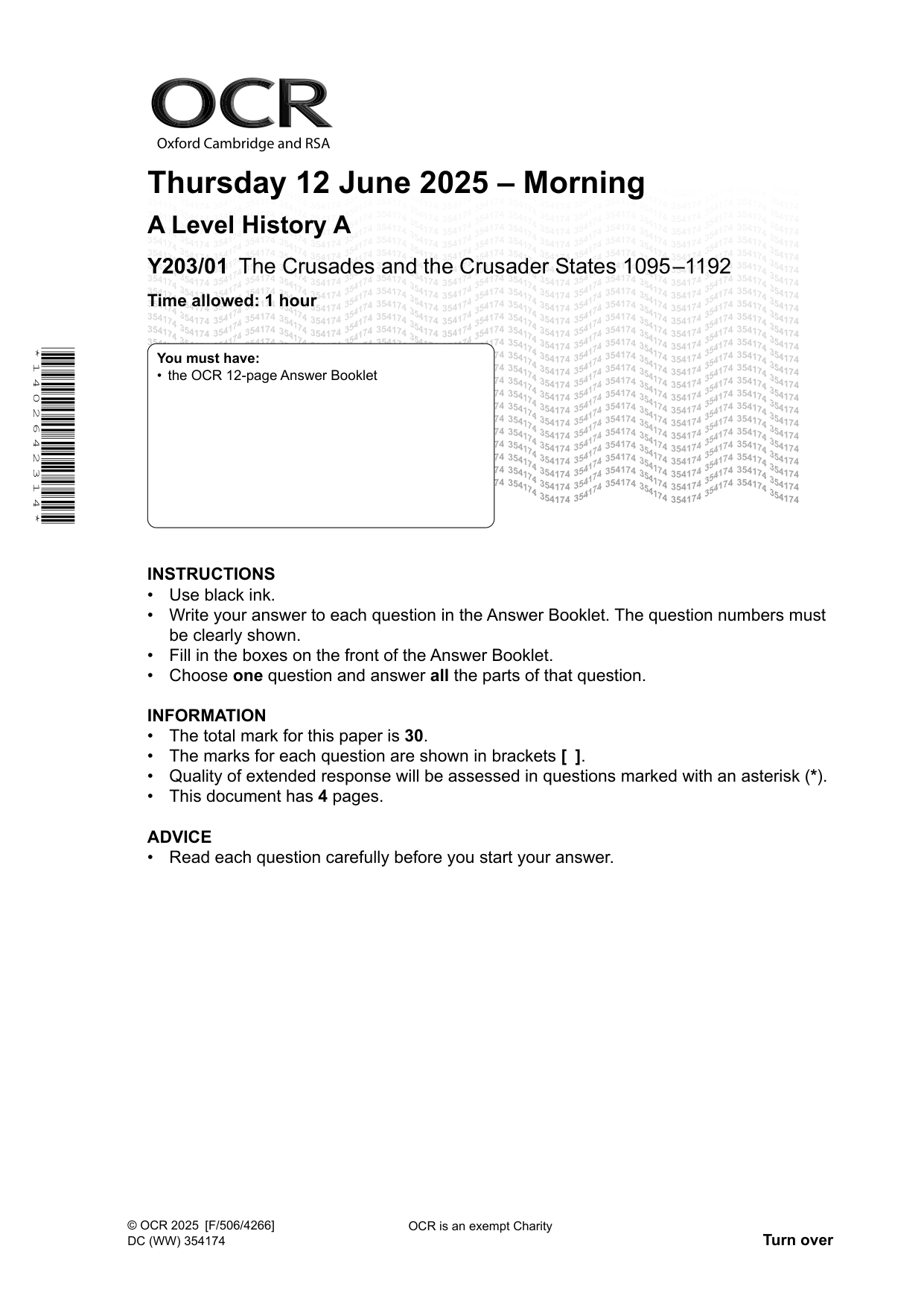 OCR A Level History A Crusades States 2025 Question Paper
