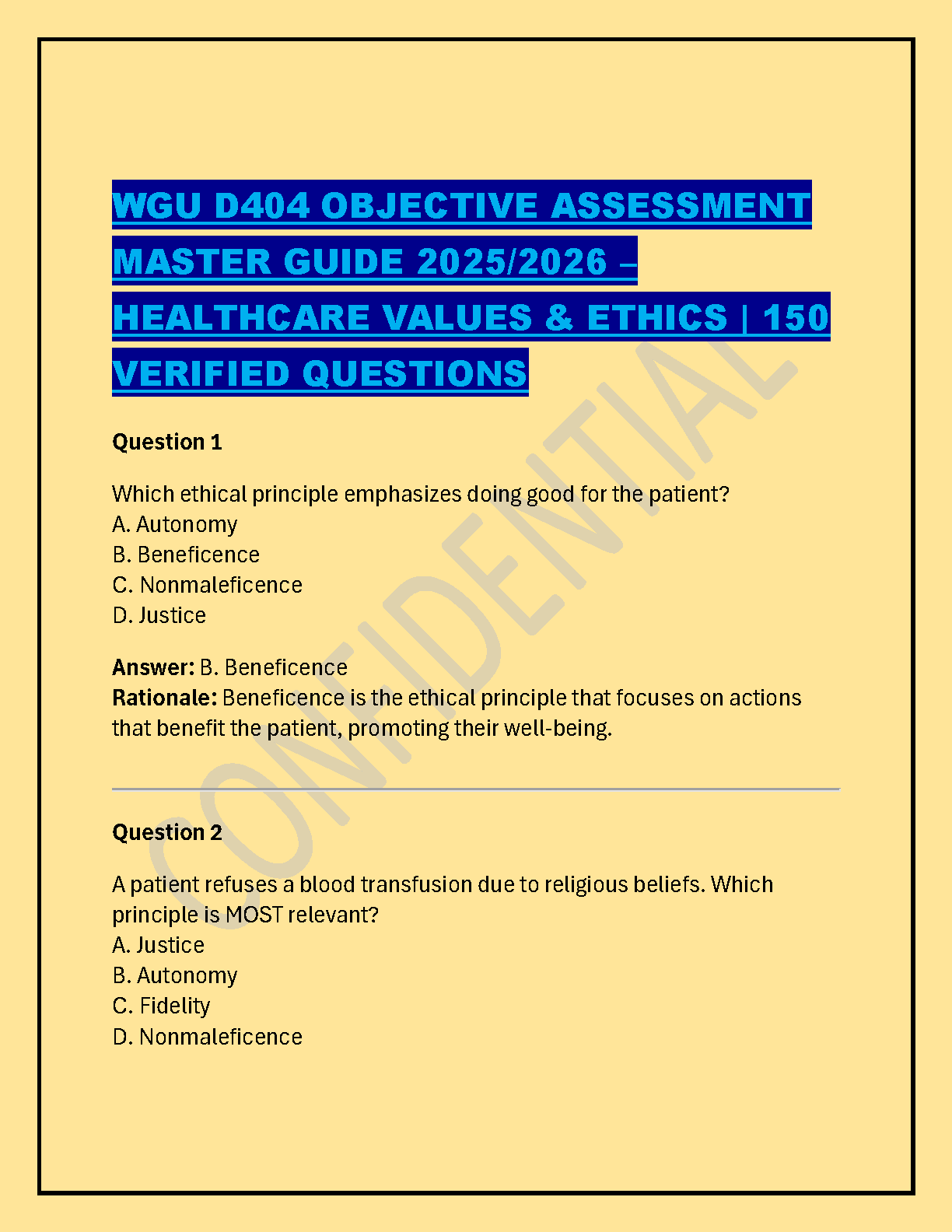 WGU D404 Healthcare Values & Ethics Test Bank: Master Guide with Verified Answers and Rationales for 2025/2026 Assessment Success