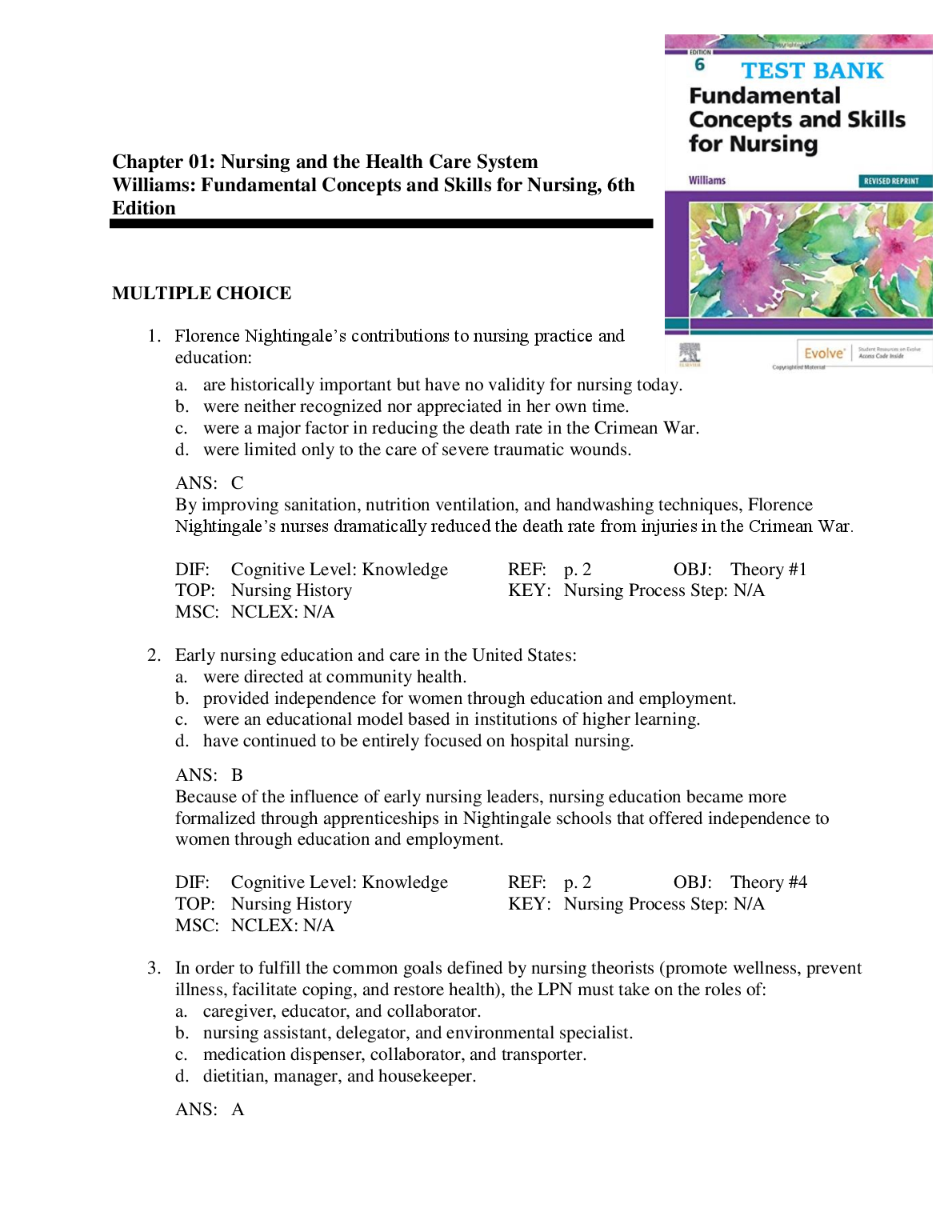 Test Bank for Williams Fundamental Concepts and Skills for Nursing 6th Edition by Patricia A. Williams et al.