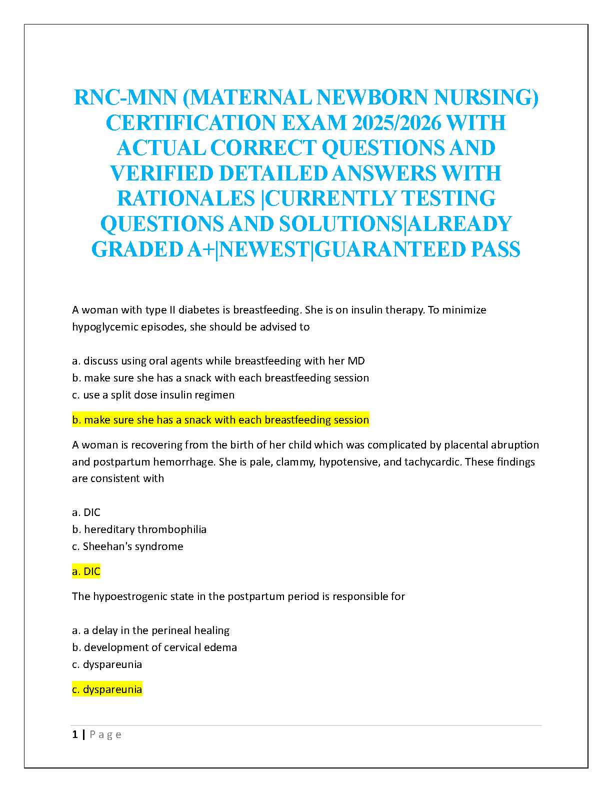 RNC-MNN (Maternal Newborn Nursing) Certification Exam 2025/2026: Test Bank with 100% Correct ...
