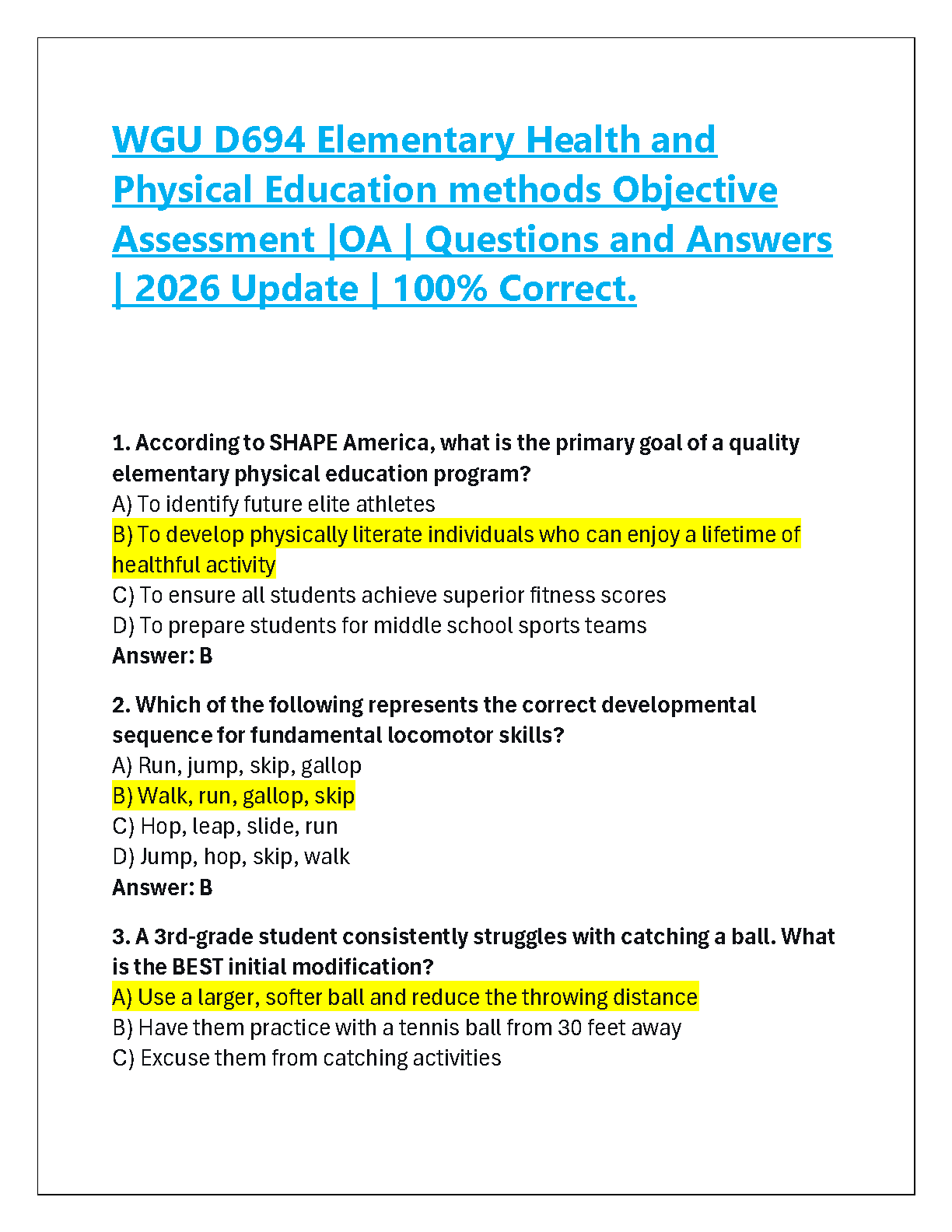 WGU D694 Elementary Health and Physical Education Methods OA Study Guide with Verified Answers 2025/2026 Edition