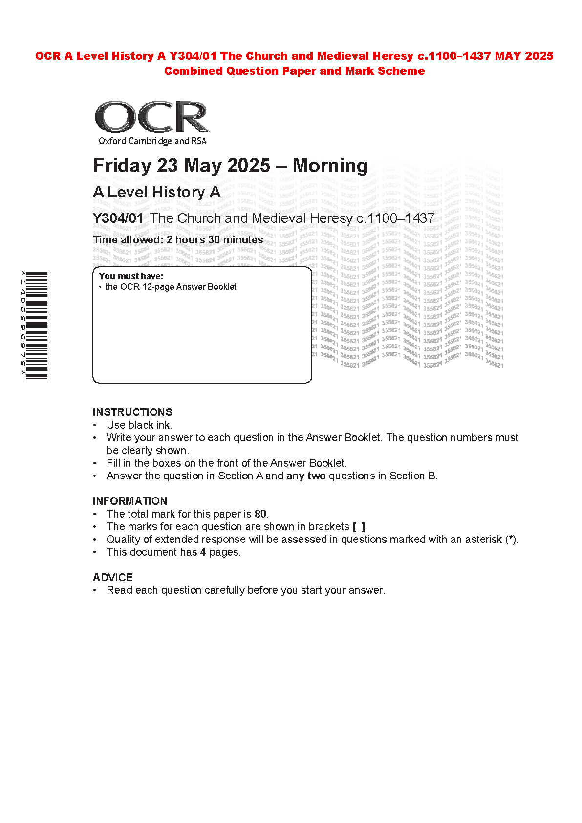 A Level History A Y304/01 The Church and Medieval Heresy c.1100–1437 OCR Past Paper May 2025 Morning Session