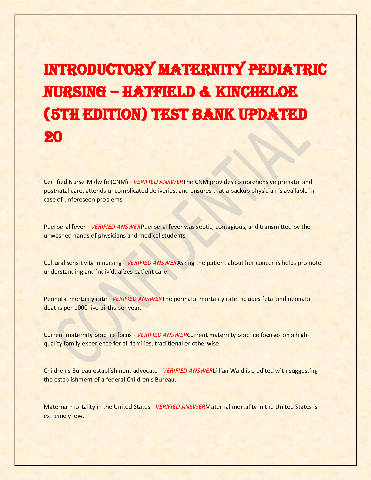 Introductory Maternity and Pediatric Nursing 5th Edition Test Bank by Hatfield & Kincheloe 2026/27