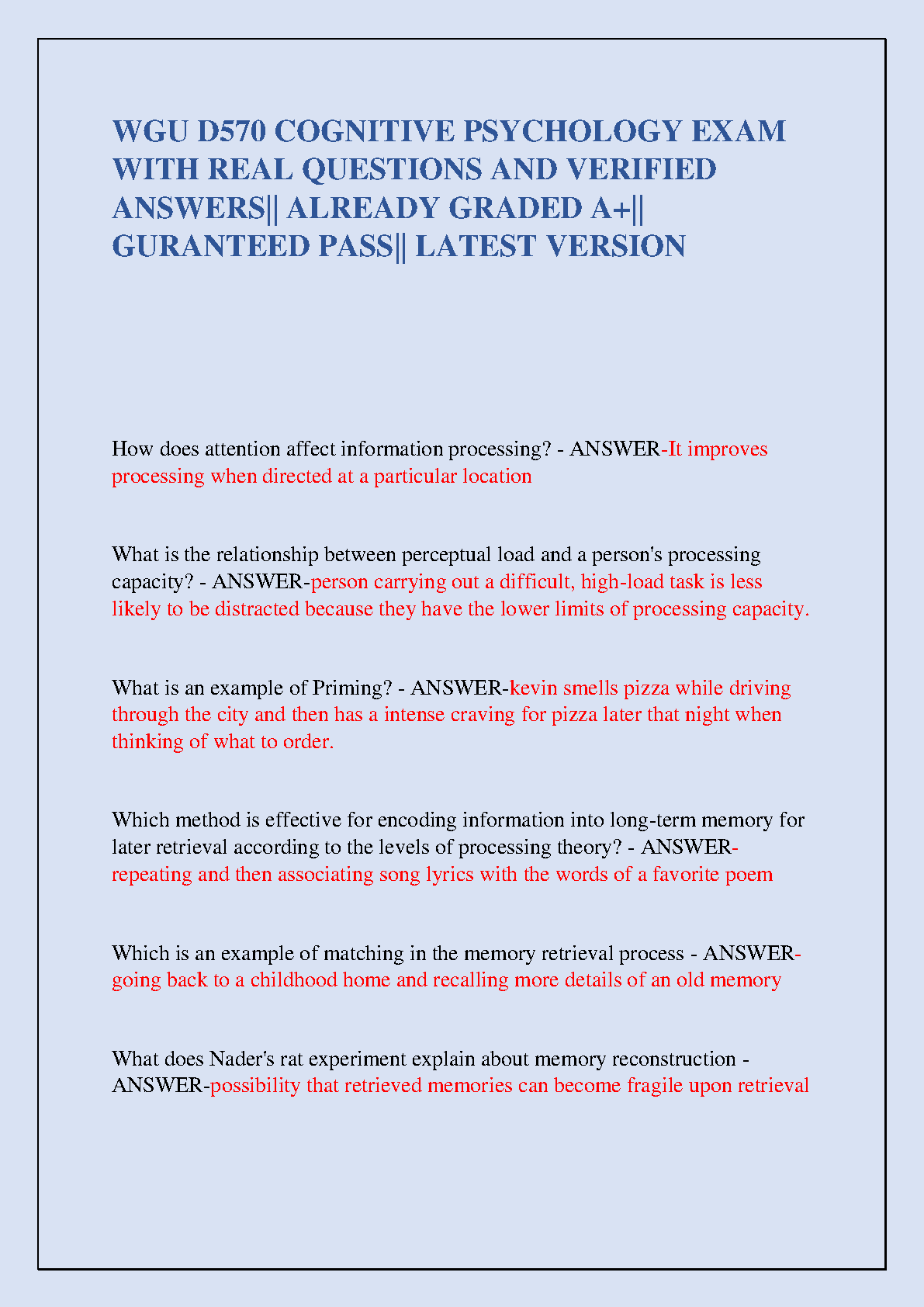 WGU D570 Cognitive Psychology Exam Guide with Real Questions and Verified Answers for A+ Success