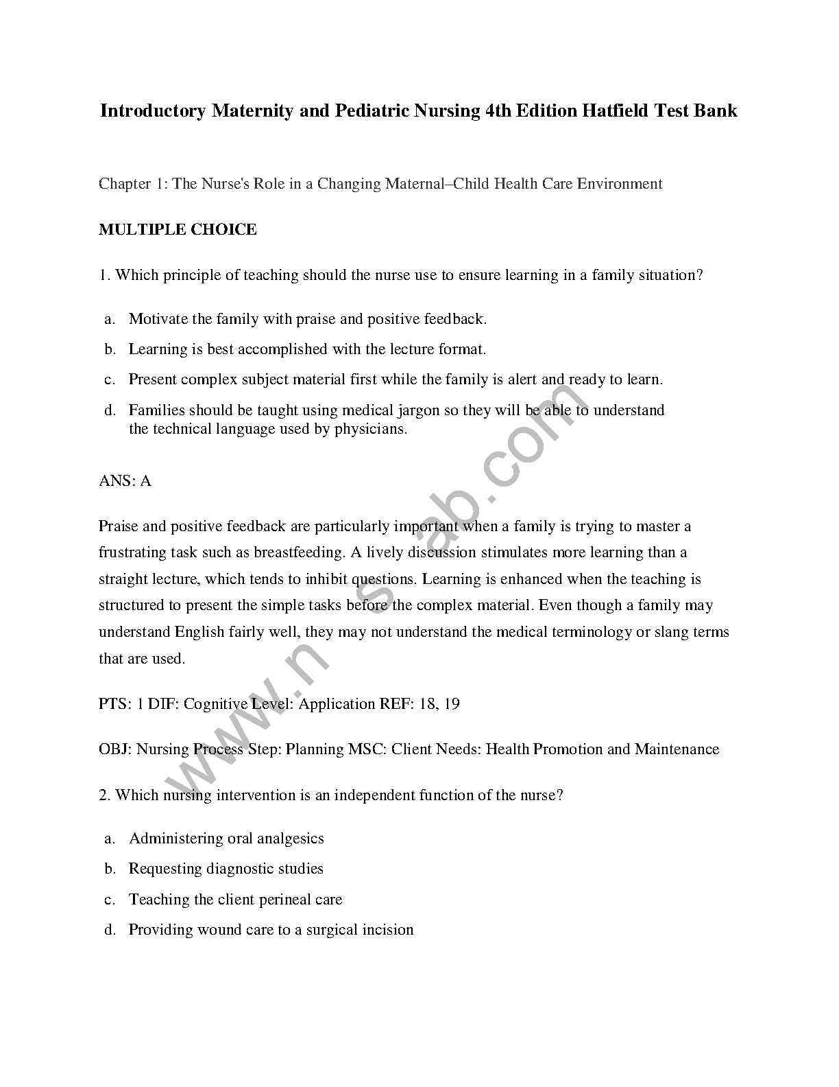 Test Bank for Introductory Maternity and Pediatric Nursing 4th Edition by Nancy T. Hatfield Complete Chapter Solutions