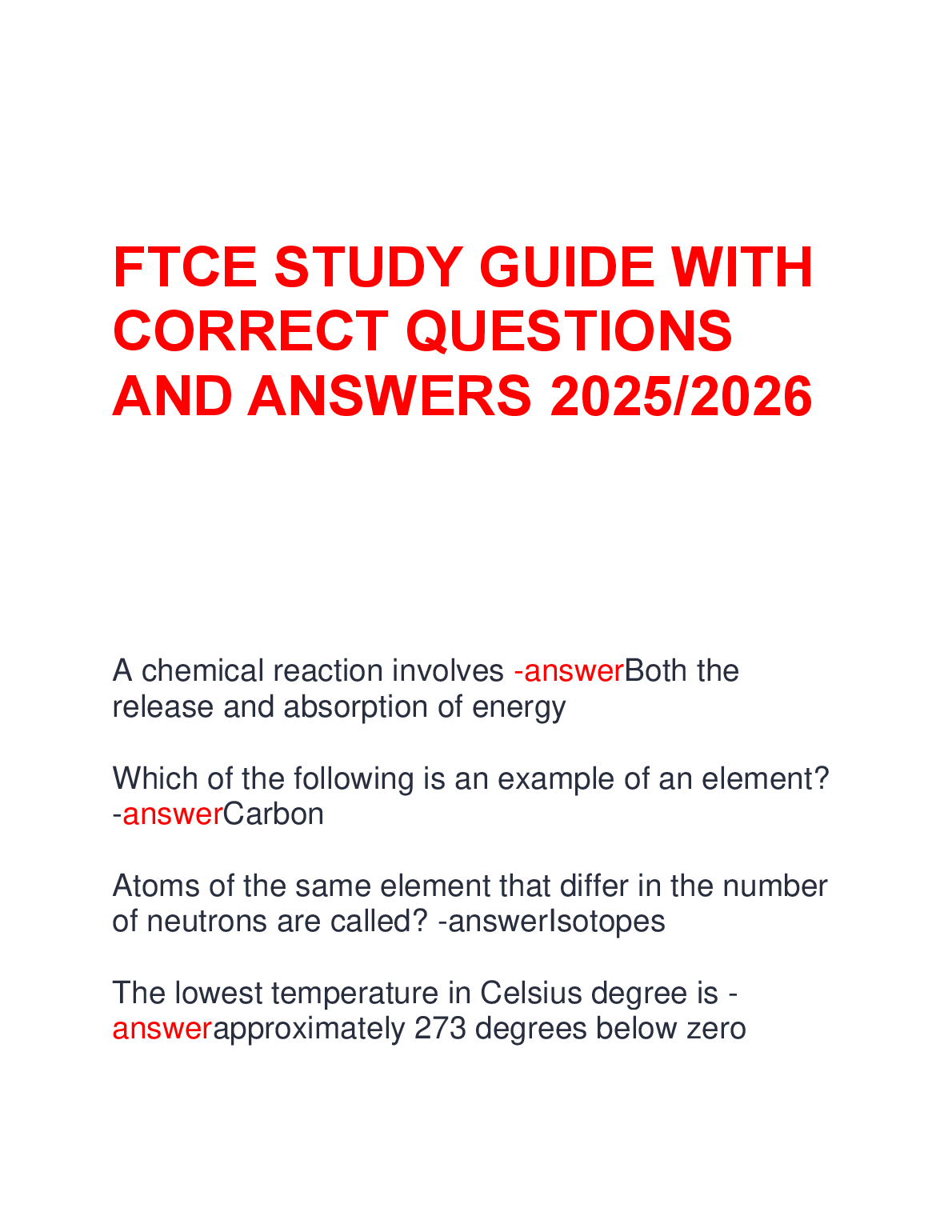 FTCE Study Guide with Correct Questions and Answers 2025/2026 Edition