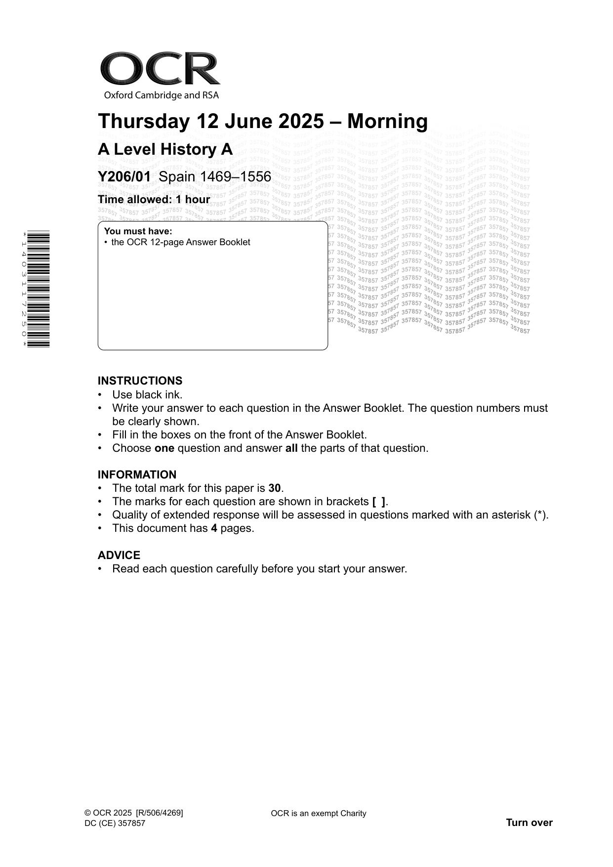 OCR A Level History A Spain 1469-1556 2025 Question Paper