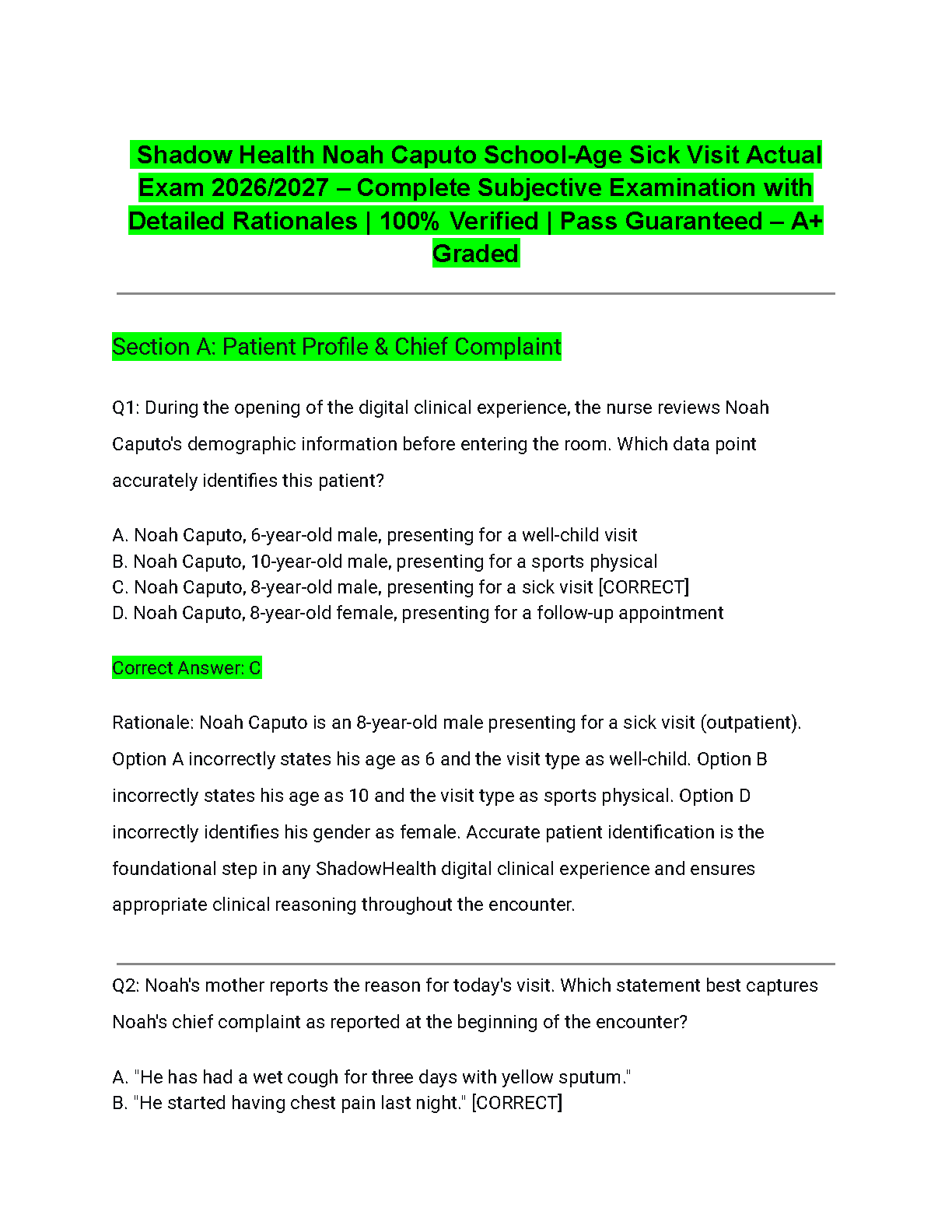 ShadowHealth Noah Caputo Pediatric Chest Pain Digital Clinical Experience Study Guide Updated For 2026/2027 Academic Year