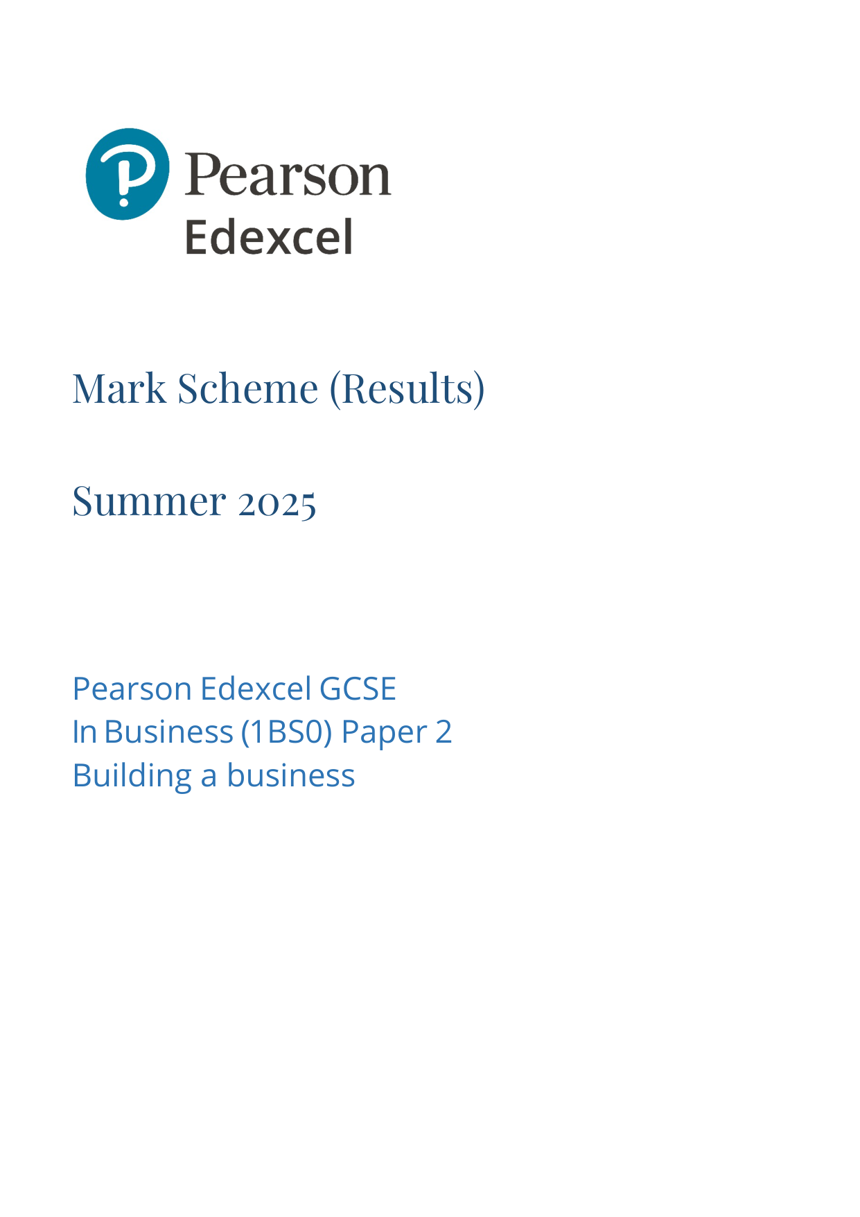 Pearson Edexcel GCSE Business Paper 2 2025 Mark Scheme