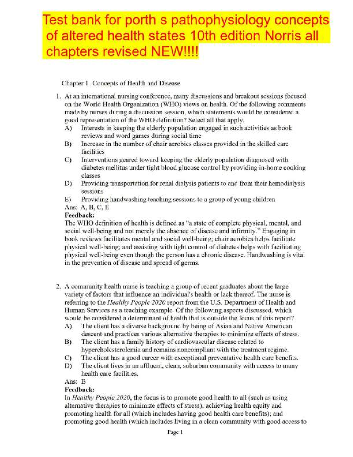 Porth's Pathophysiology Concepts of Altered Health States 10th Edition Complete Test Bank All Chapters