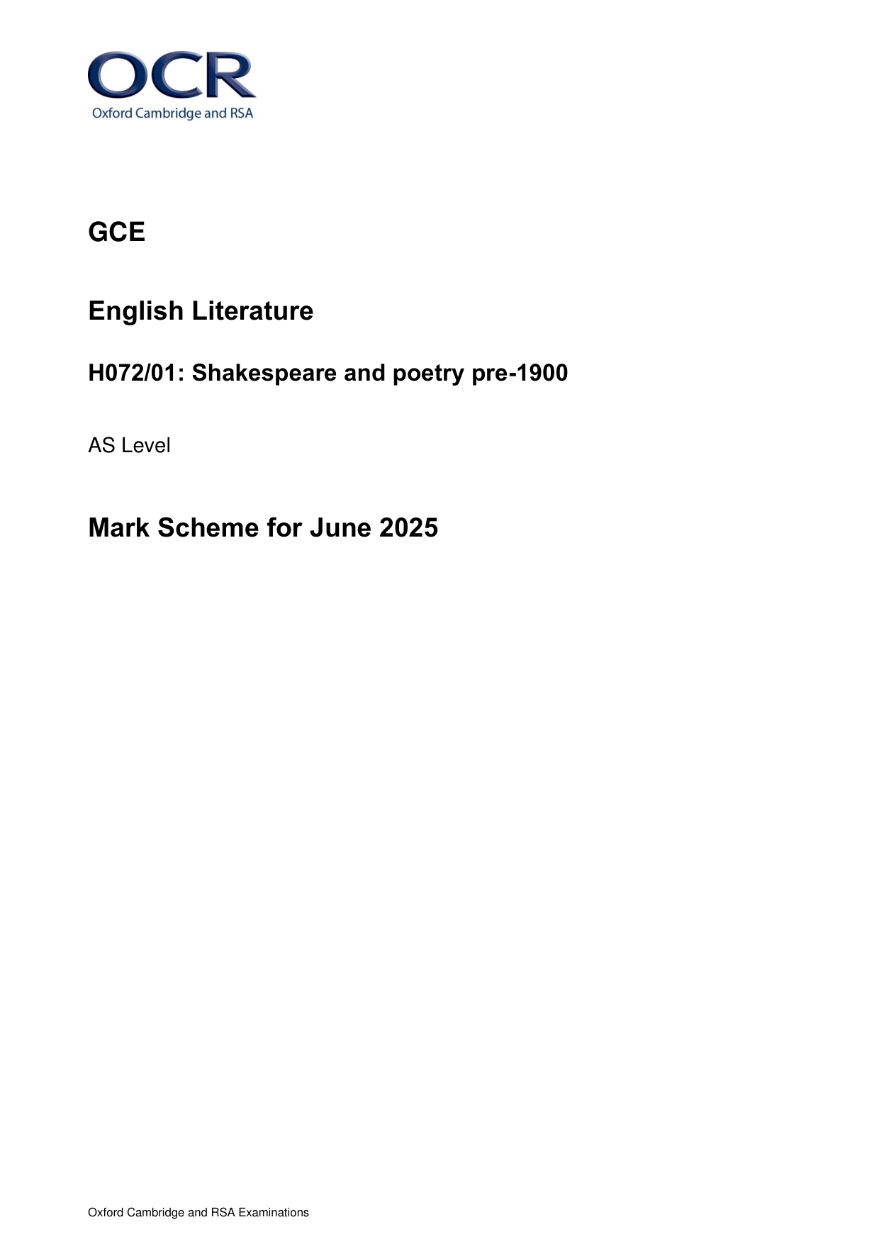 OCR AS English Literature Paper 1 2025 Mark Scheme