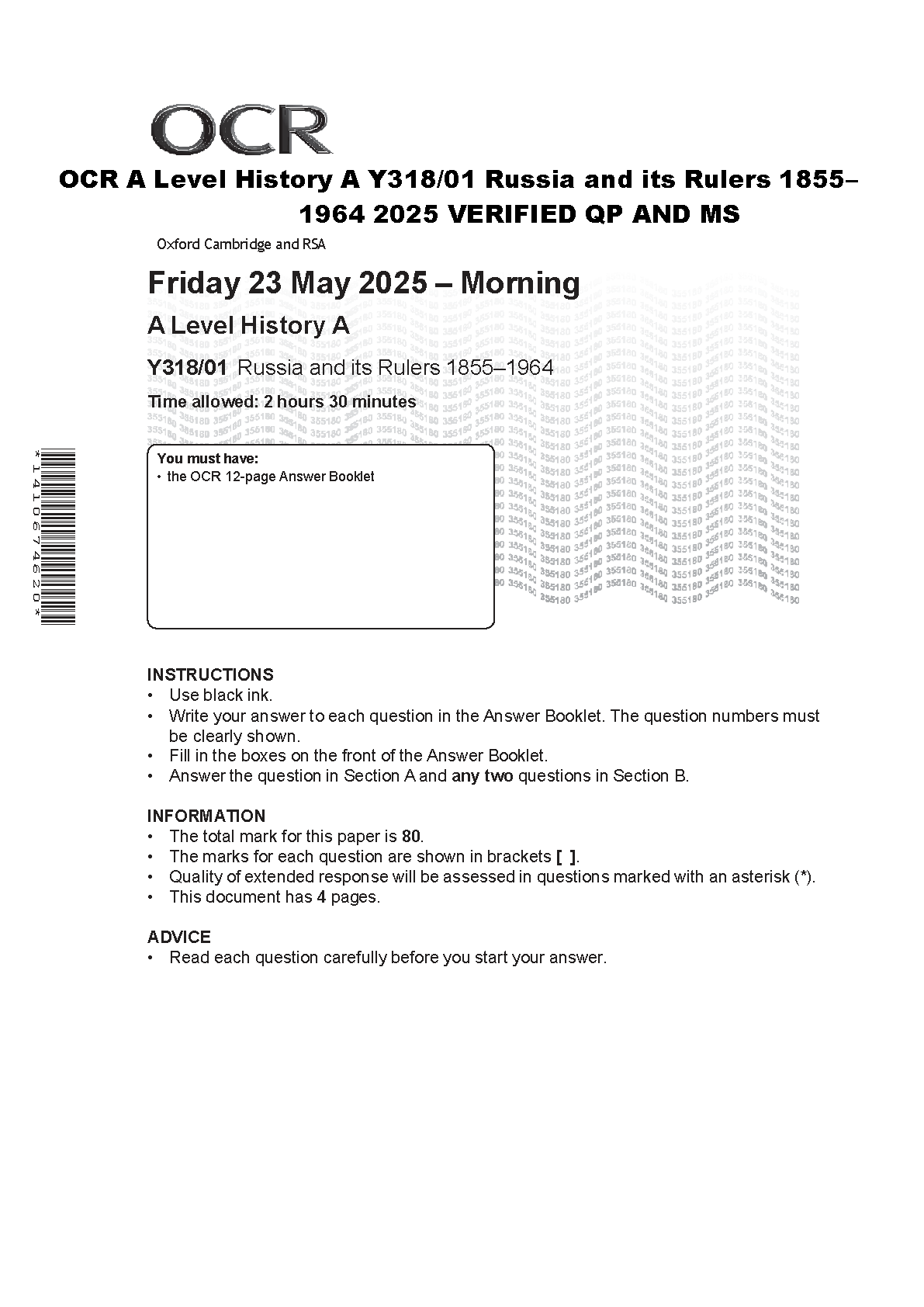 OCR A Level History Russia and its Rulers Y318/01 May 2025 Exam Paper with Mark Scheme New for Academic Year 2026-27