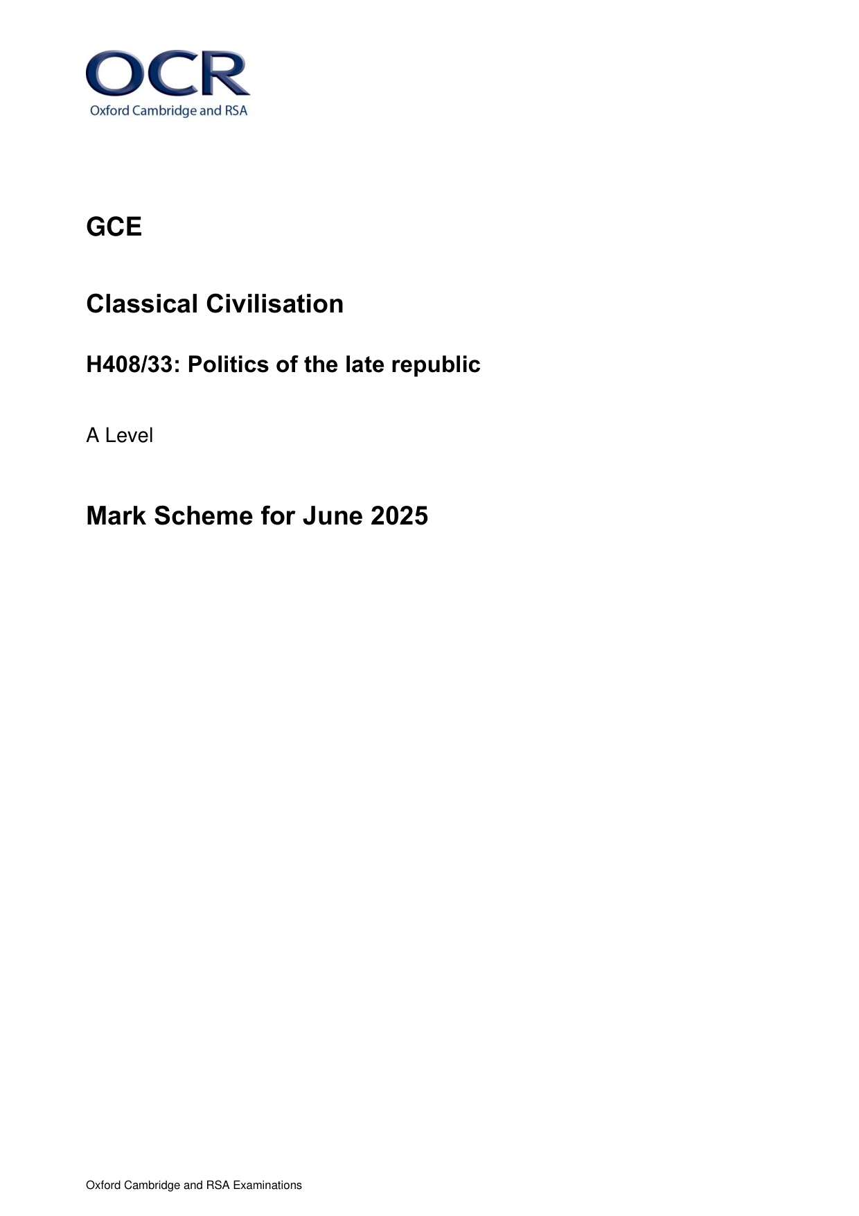 OCR A Level Classical Civilisation Paper 33 2025 Mark scheme