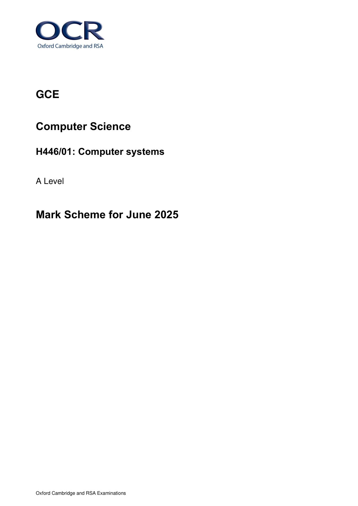 OCR A Level Computer Science Paper 1 Mark Scheme