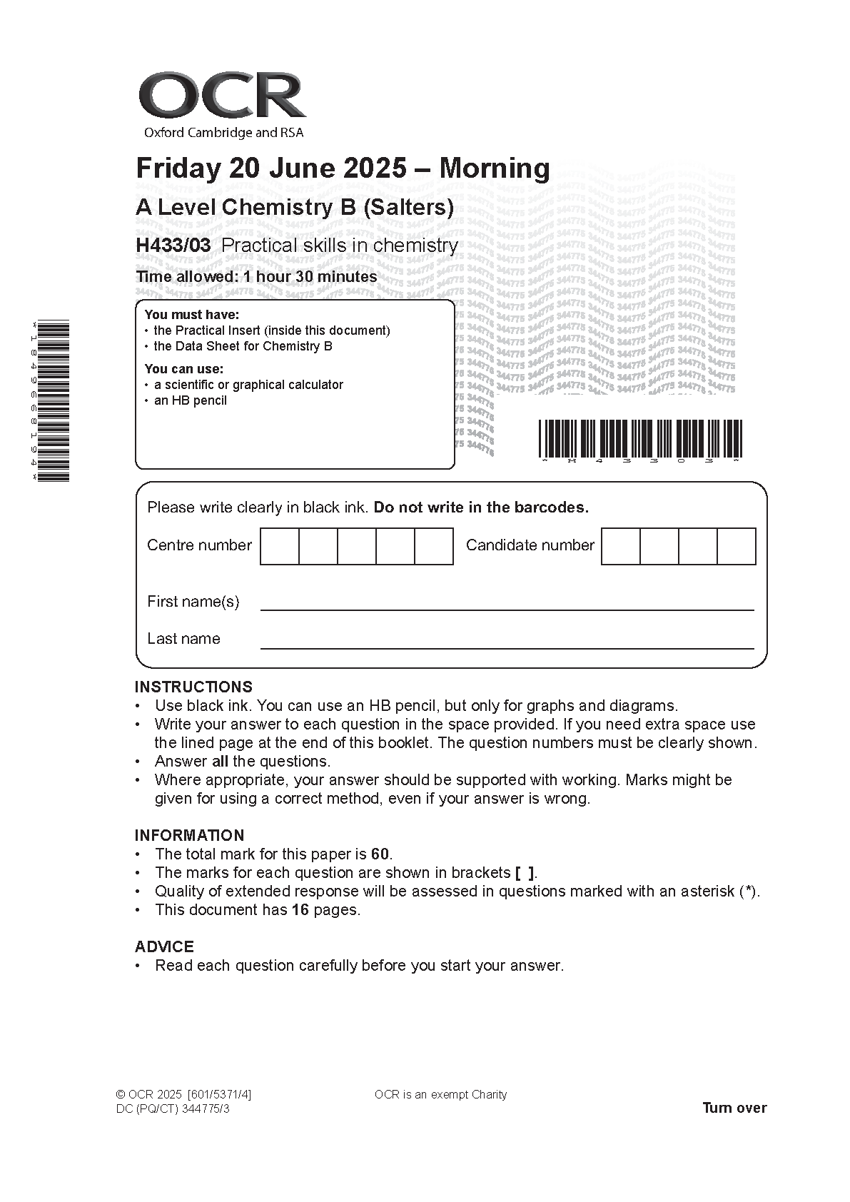 OCR A Level Chemistry B Paper 3 2025 Question Paper