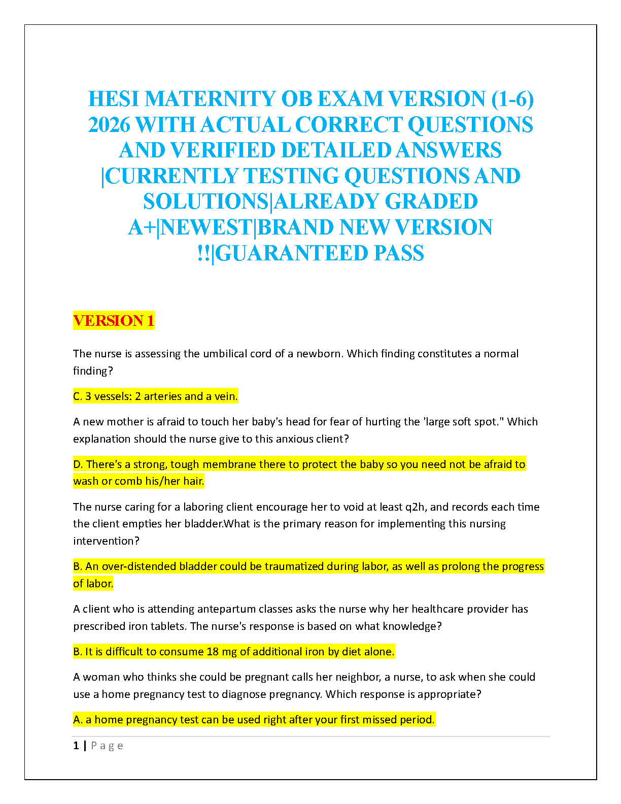 HESI Maternity OB Exam 2026 Test Bank (Versions 1-6): Updated Questions & Answers for a Guaranteed Pass