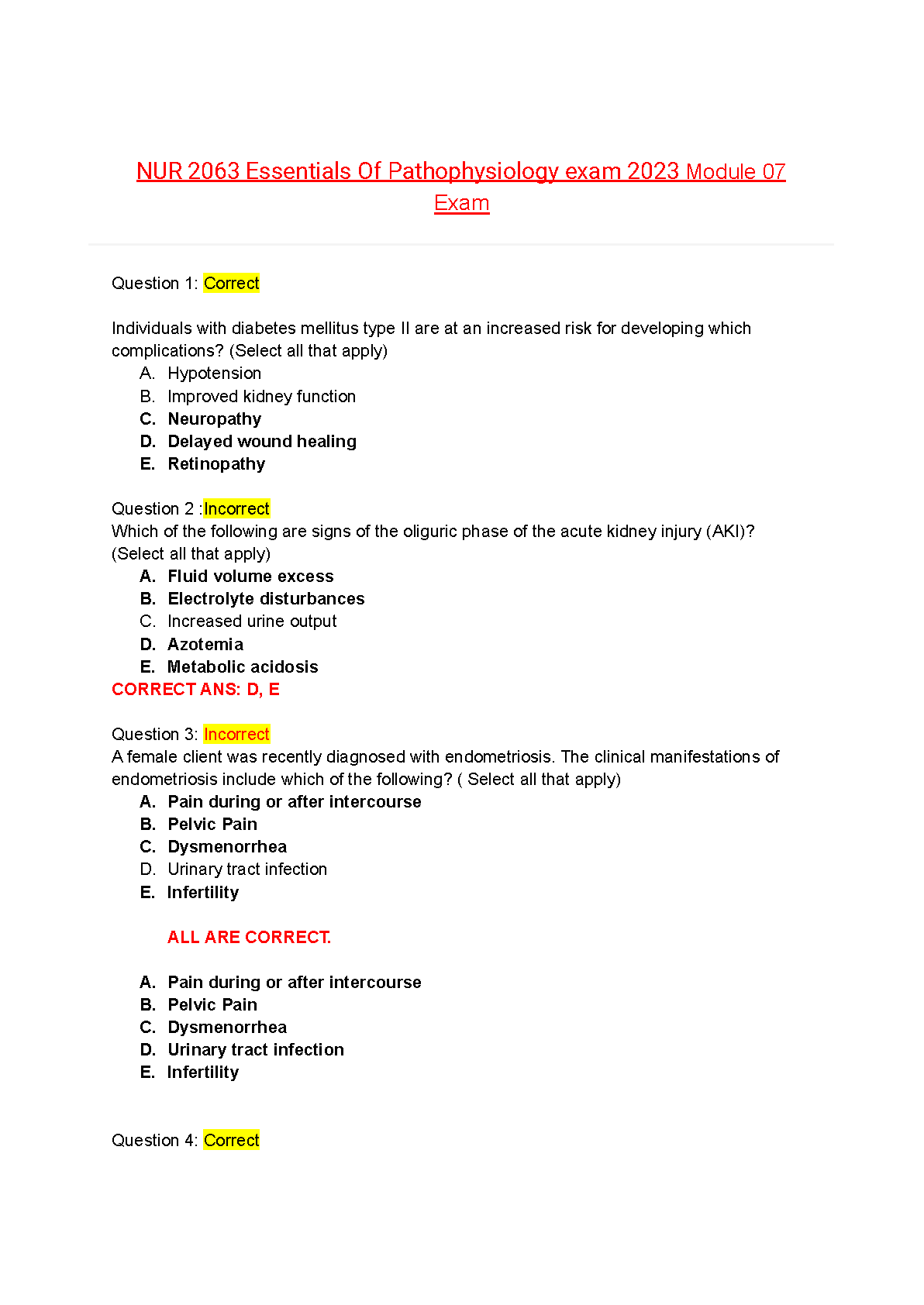 NUR 2063 Essentials of Pathophysiology Module 07 Exam Test Bank with Verified Answers Porth Matfin 5th Edition