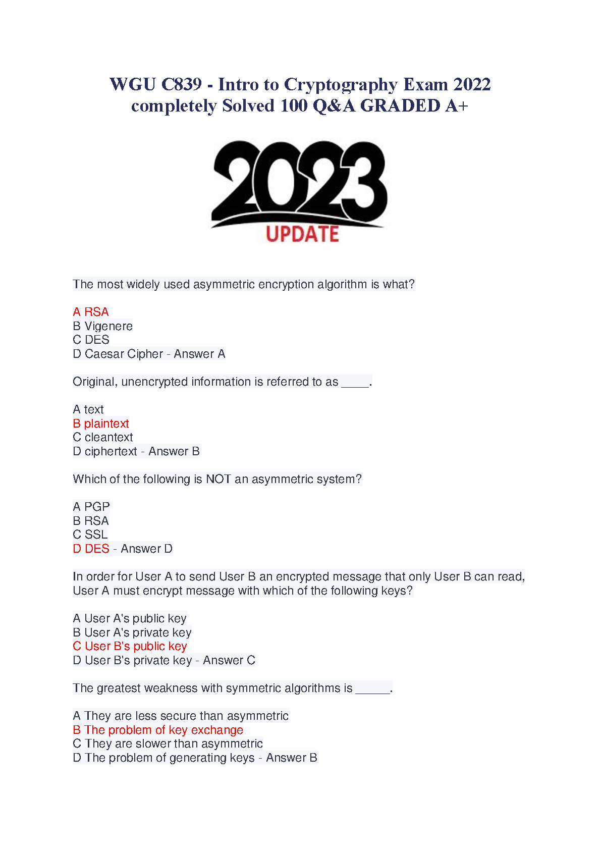 WGU C839 Intro to Cryptography Exam 2022 - 100 Solved Questions & Answers (2023 Update)