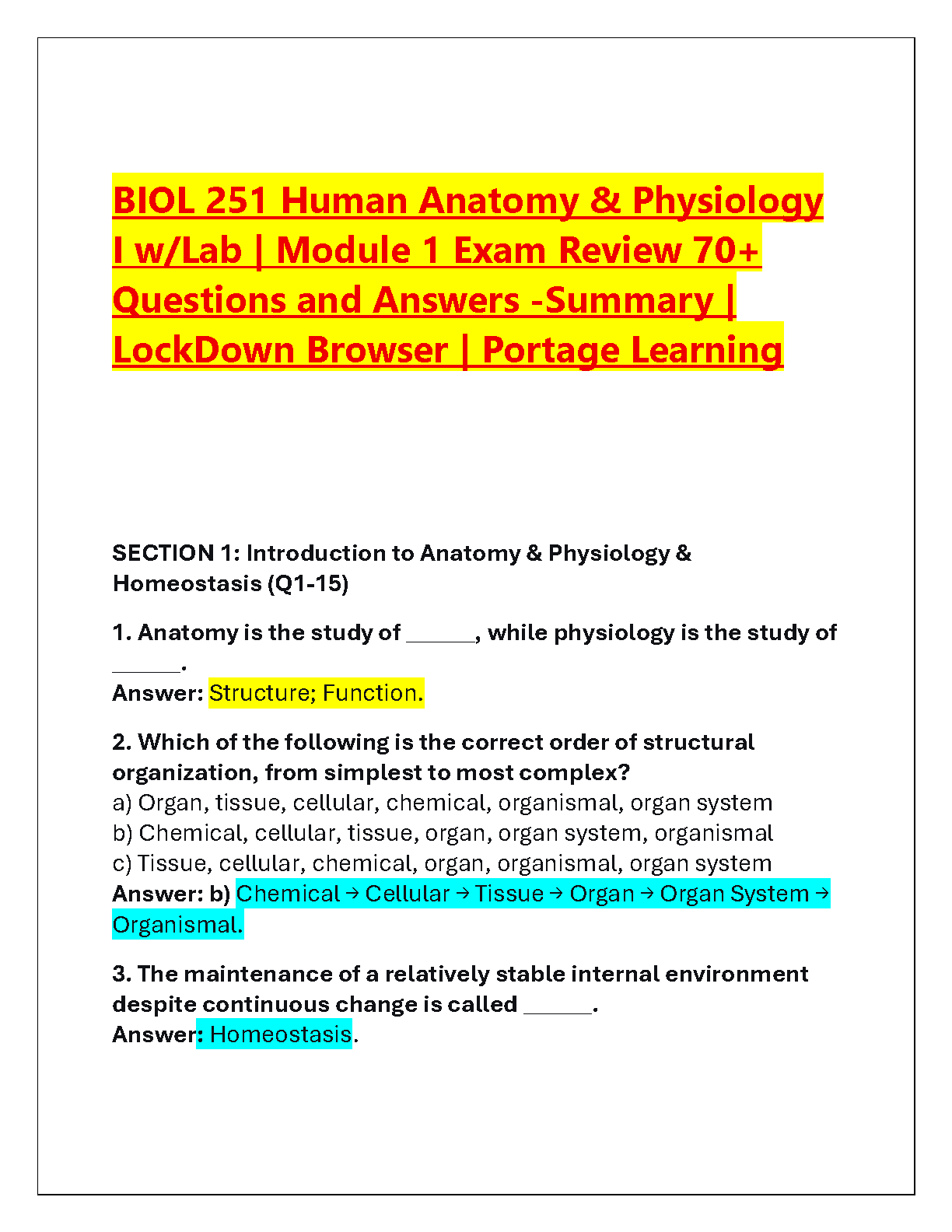 BIOL 251 Human Anatomy & Physiology I Module 1 Exam Test Bank | Portage ...
