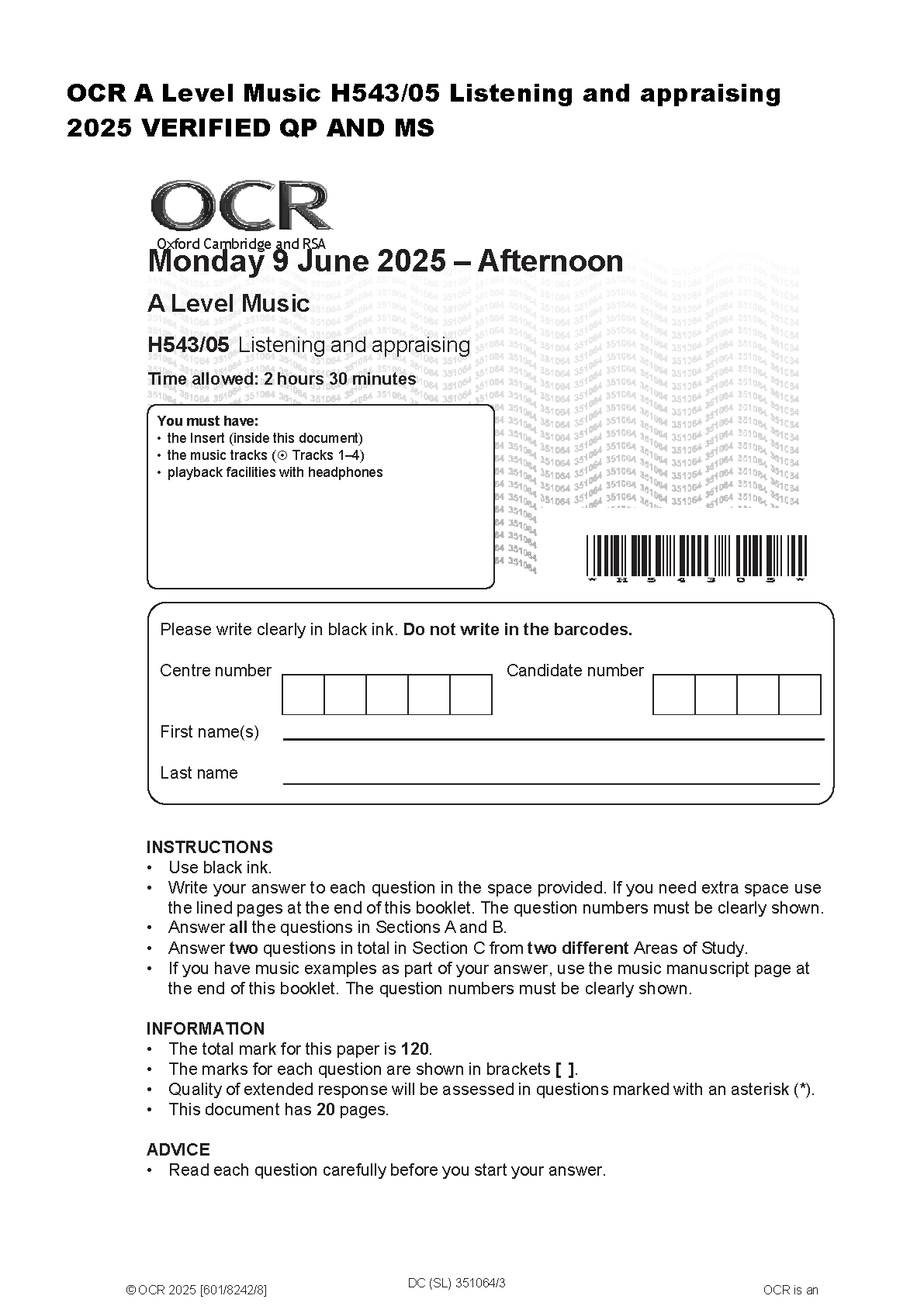 OCR A Level Music H543/05 Listening and Appraising June 2025 Verified Question Paper Mark Scheme New Release for Academic Year 2026