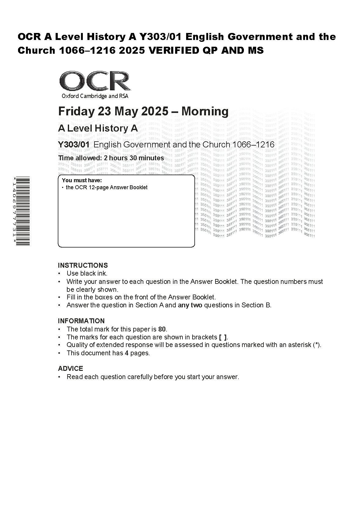 OCR A Level History Y303/01 English Government and the Church 1066-1216 May 2025 Question Paper with Mark Scheme for Students