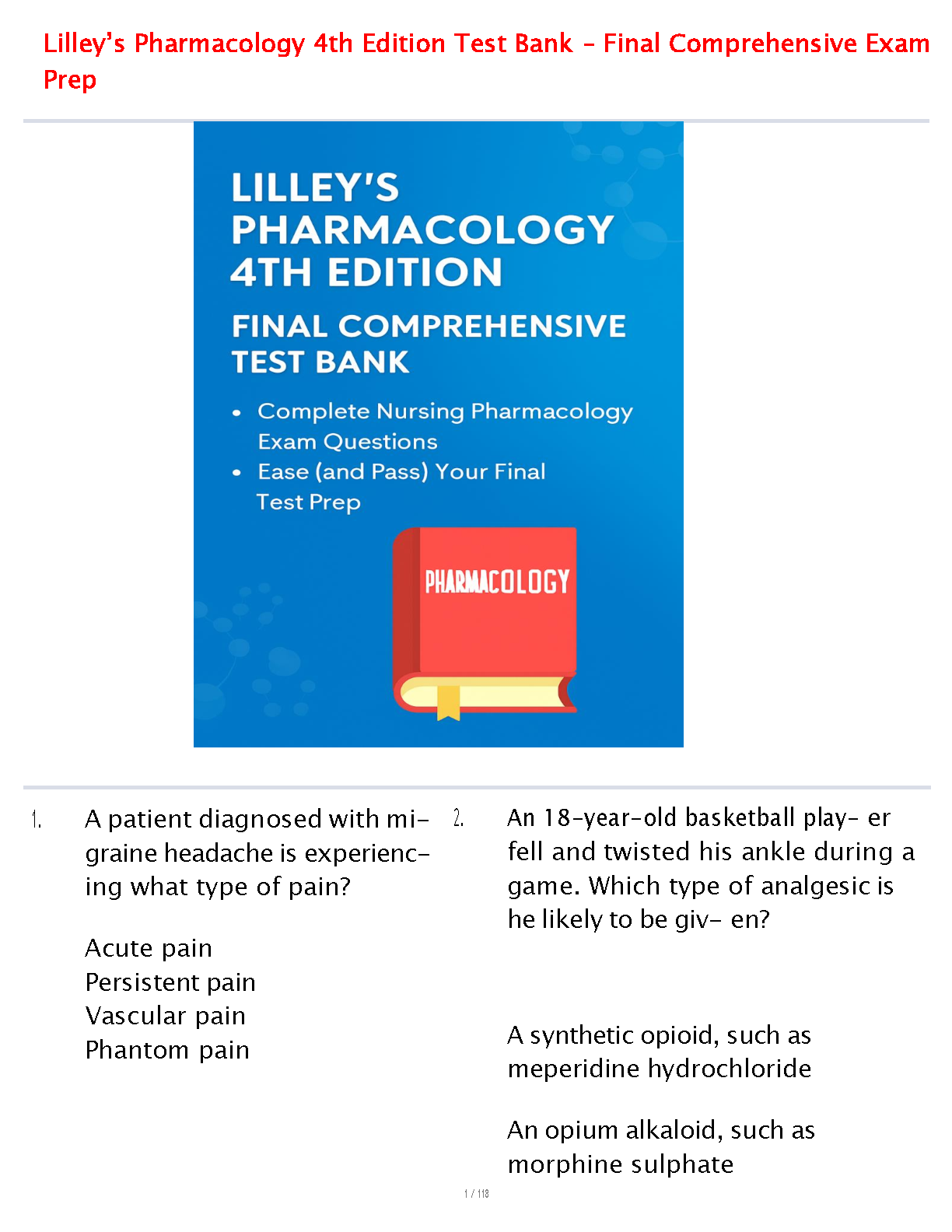 Lilley’s Pharmacology 4th Edition Test Bank