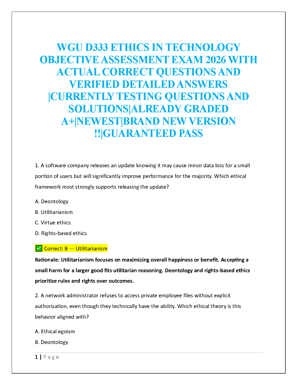 WGU D333 Ethics in Technology Objective Assessment Test Bank with Verified Answers and Rationales for Exam Success 2025-2026 Edition