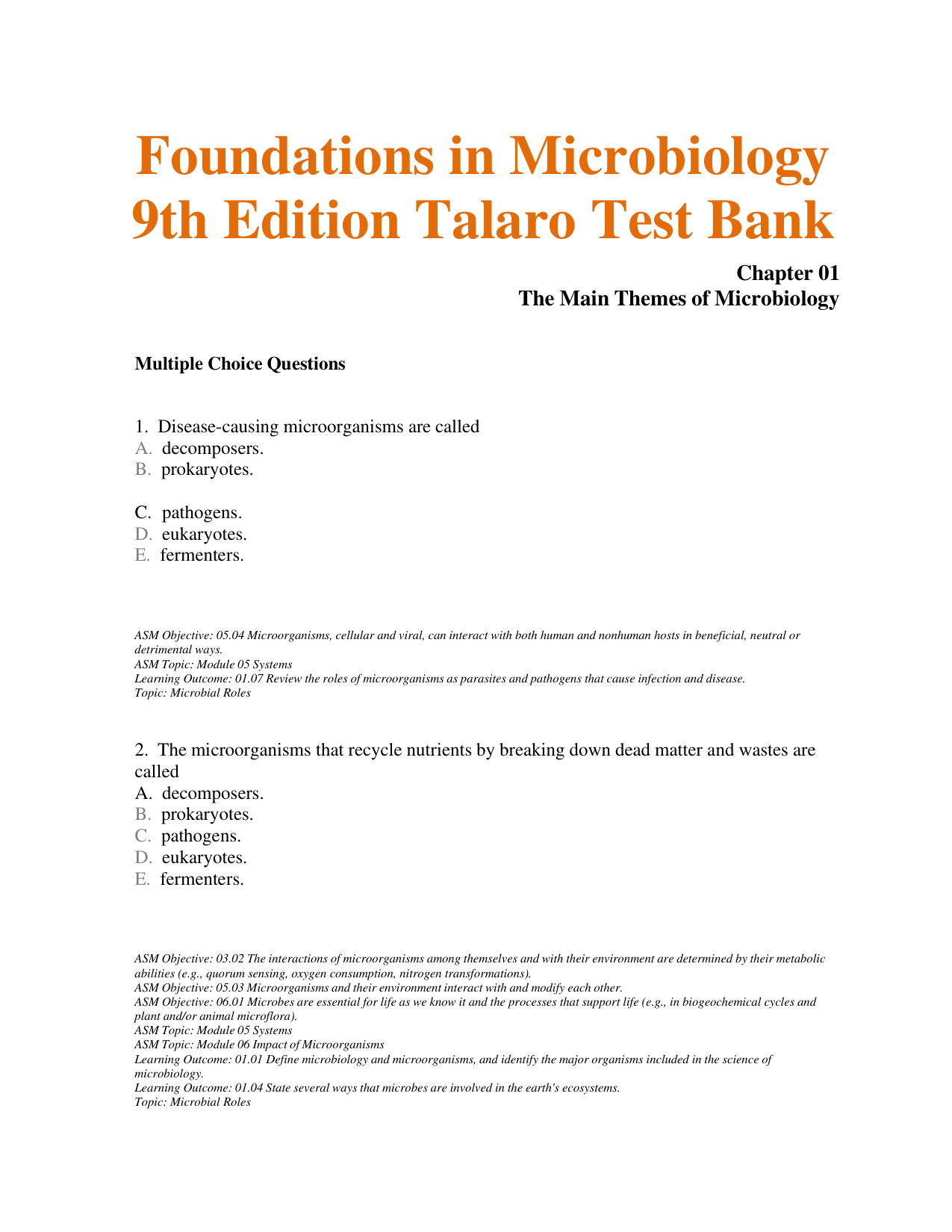 Foundations in Microbiology  9th Edition Talaro Test Bank