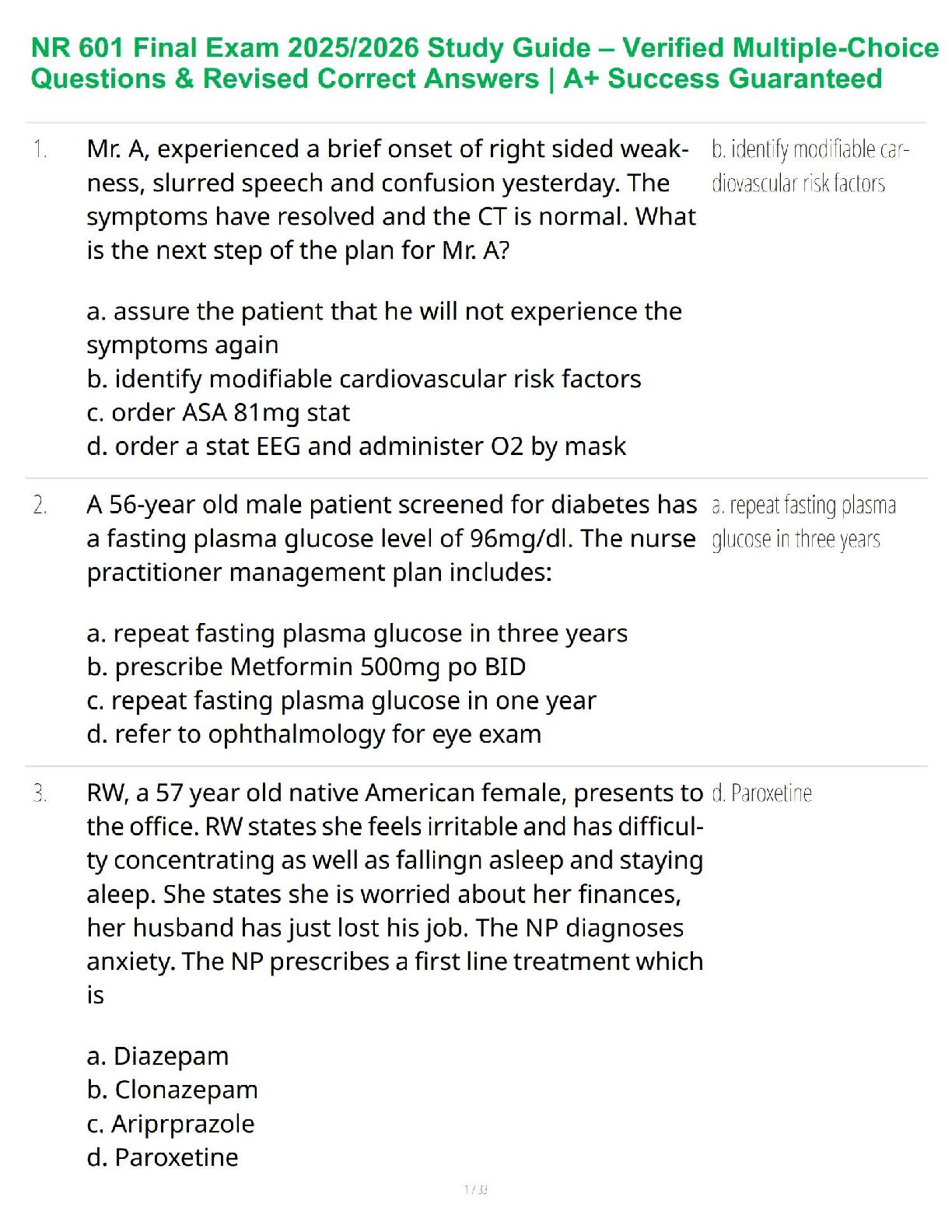 NR 601 Final Exam Test Bank 2025/2026: Verified Questions, Answers & Clinical Scenarios for A+ Success