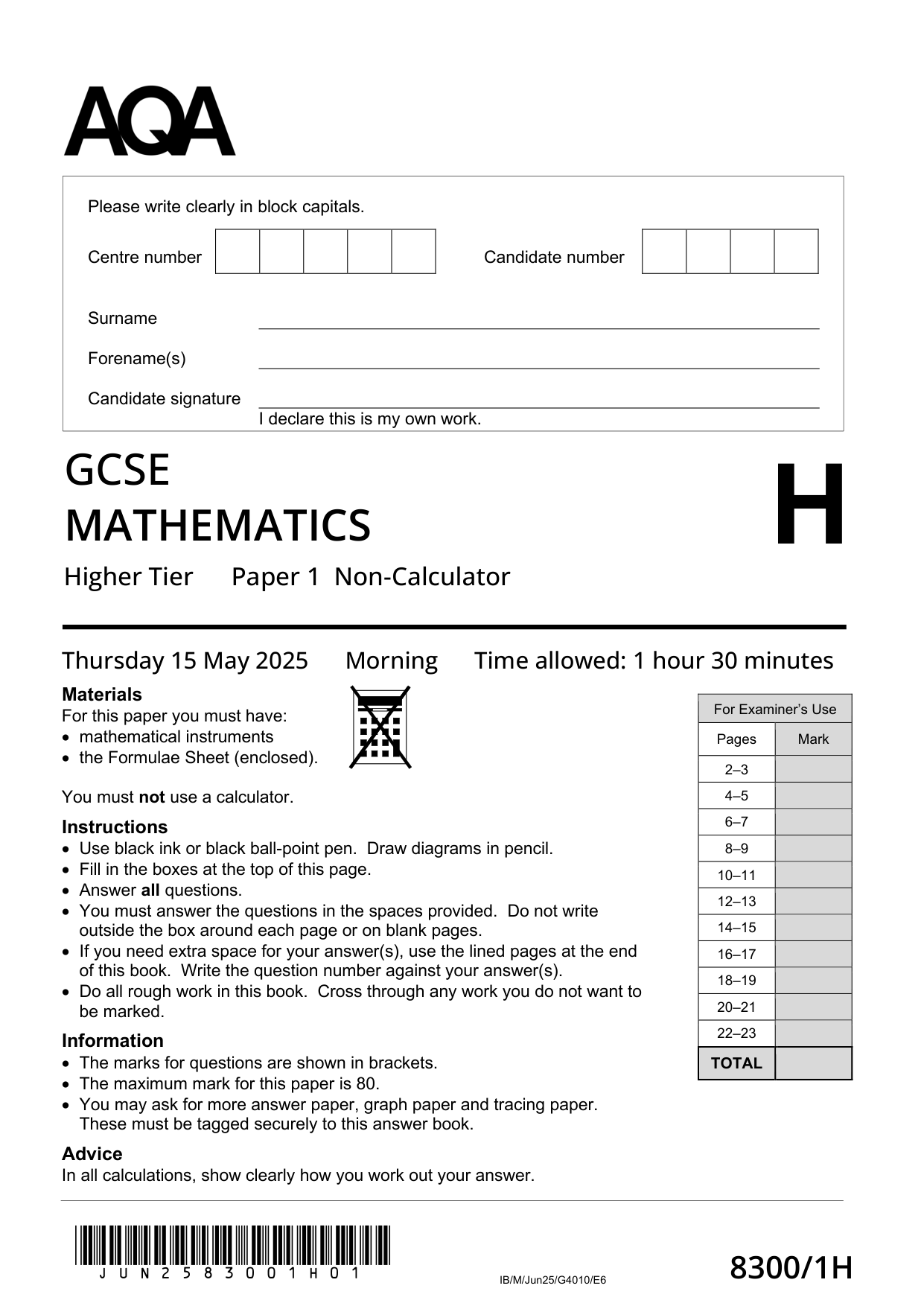 AQA GCSE Maths  Paper 1H 2025 Question Paper