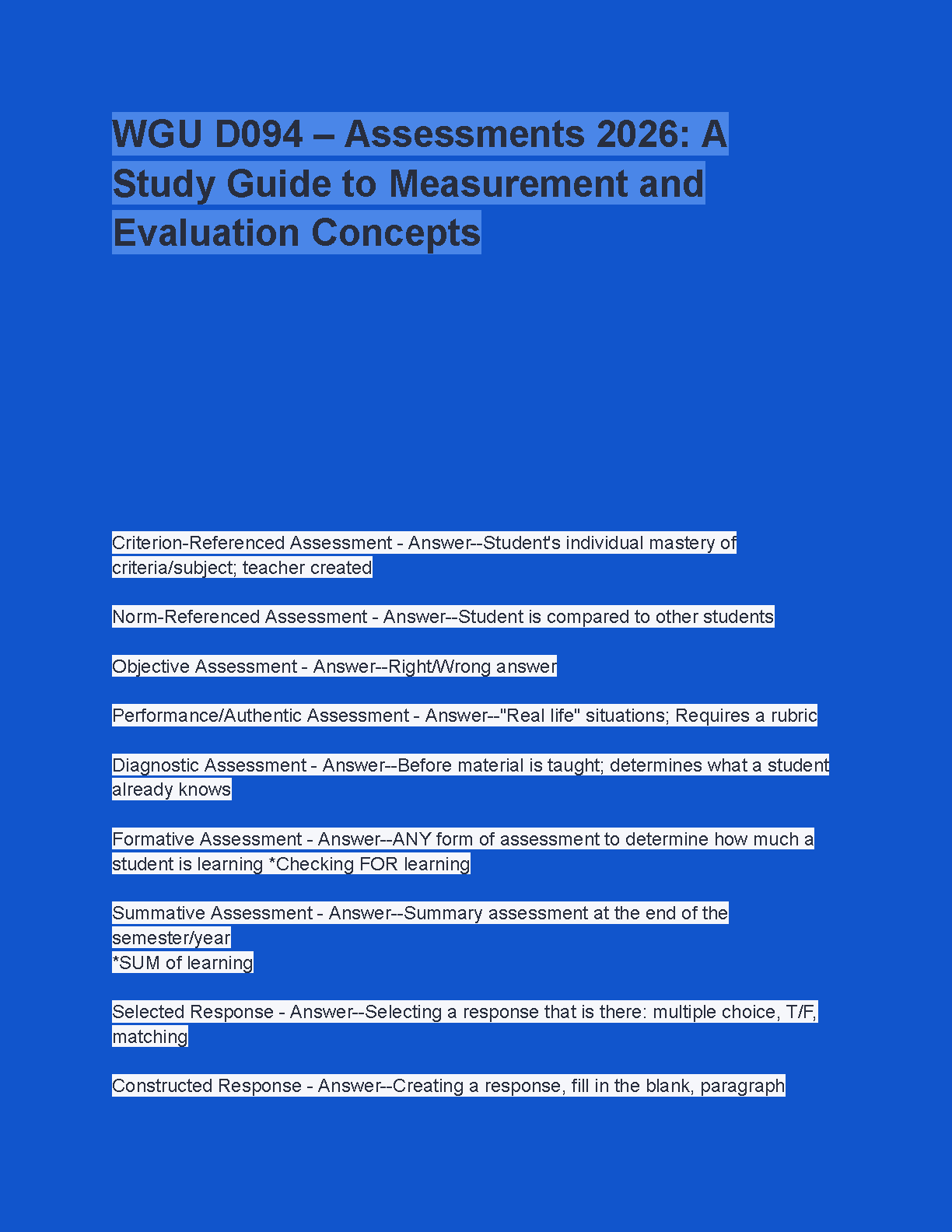 WGU D094 Assessments Comprehensive Study Guide 2025-2026 Measurement Evaluation Concepts Exam Prep Resource