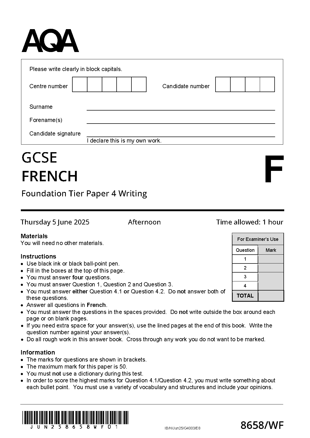 Combined 2025 AQA GCSE FRENCH Paper 4 and Mark Scheme (8658/WF: Writing Foundation Tier)