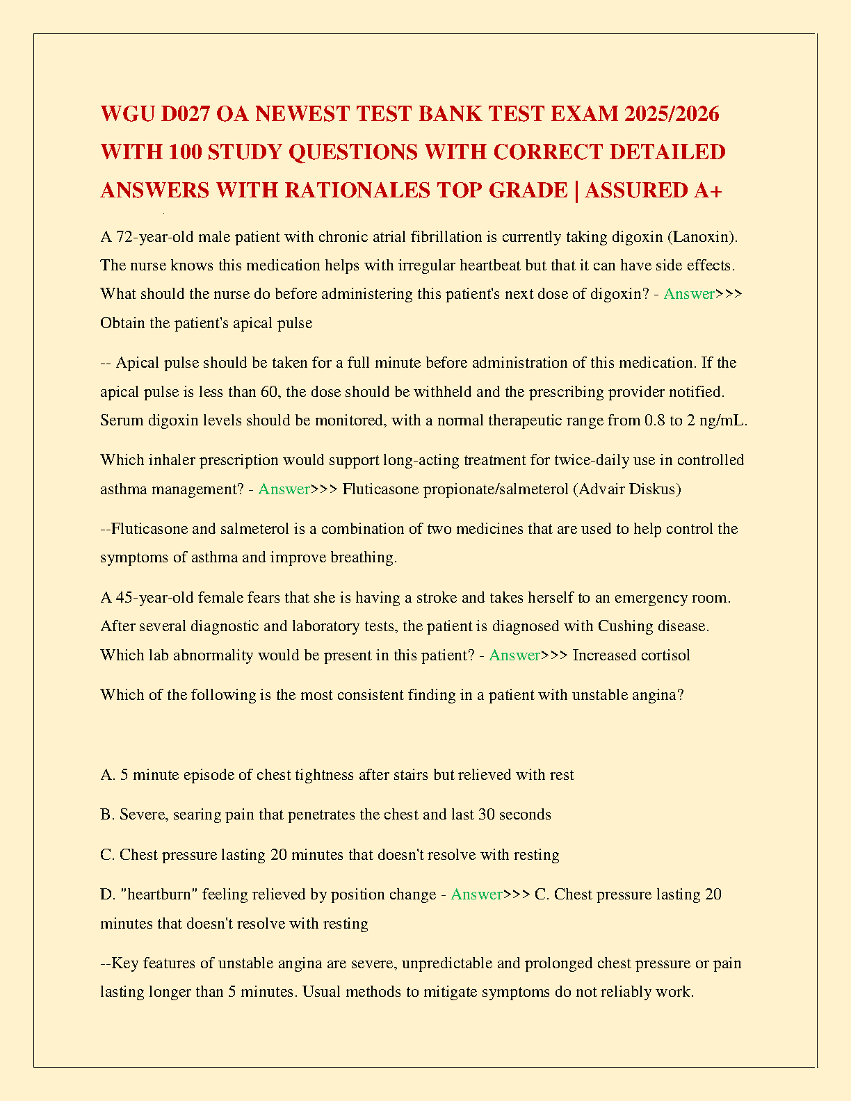 WGU D027 Advanced Pathopharmacology Test Bank 2025/26: 100 Verified Questions with Answers and Rationales for A+ Grade Success