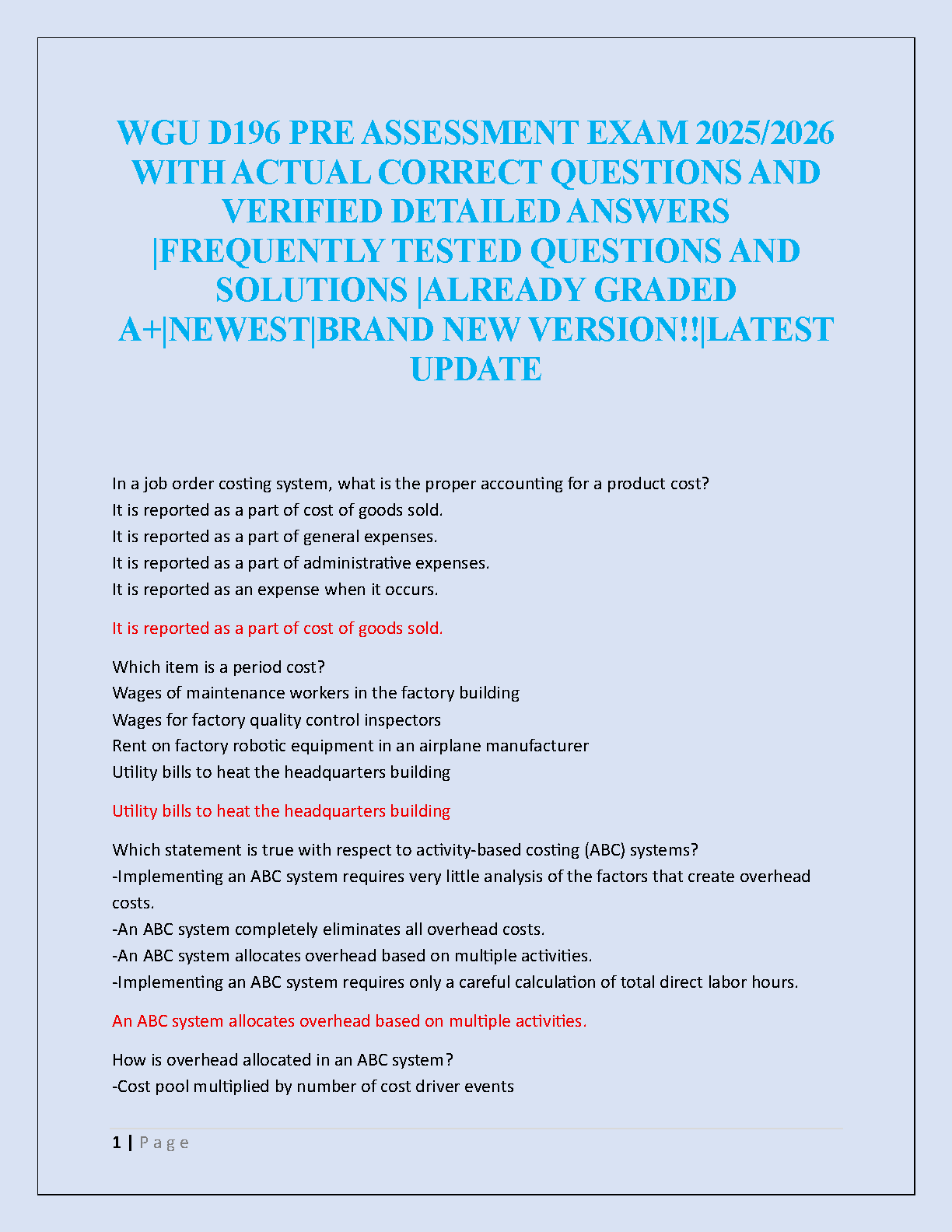 WGU D196 Pre-Assessment Exam 2025/2026 Verified Solutions, Answers & Study Guide for First Attempt Success