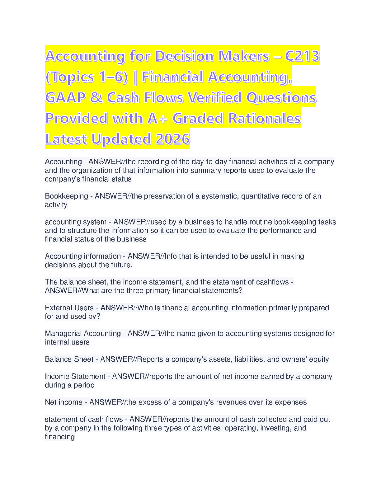WGU C213 Accounting for Decision Makers Exam Elaboration Study Guide Wild Shaw Chiappetta 9th Ed 2025/26