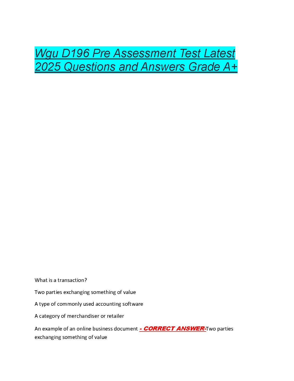 WGU D196 Pre-Assessment Test: 2025 Questions and Answers for Grade A+