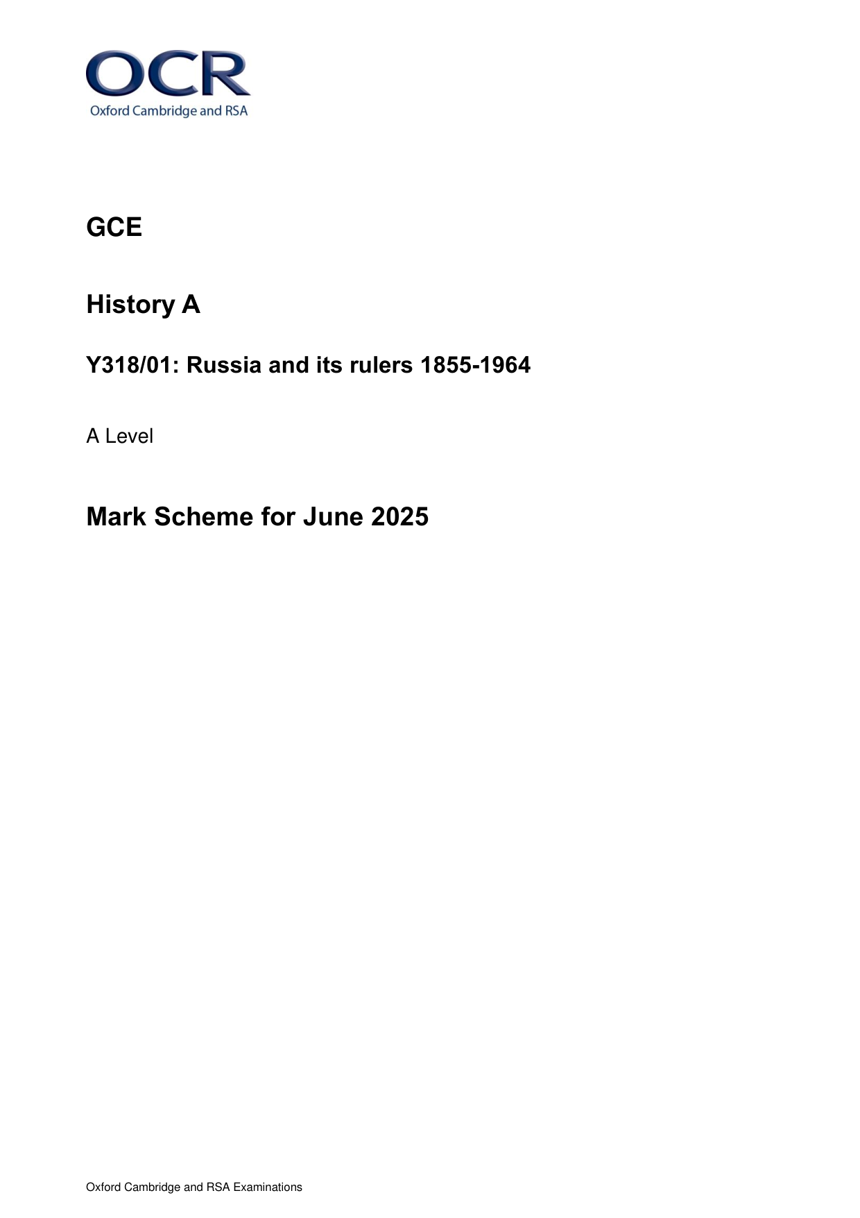 OCR A Level History A Russia and Rulers 2025 Mark Scheme