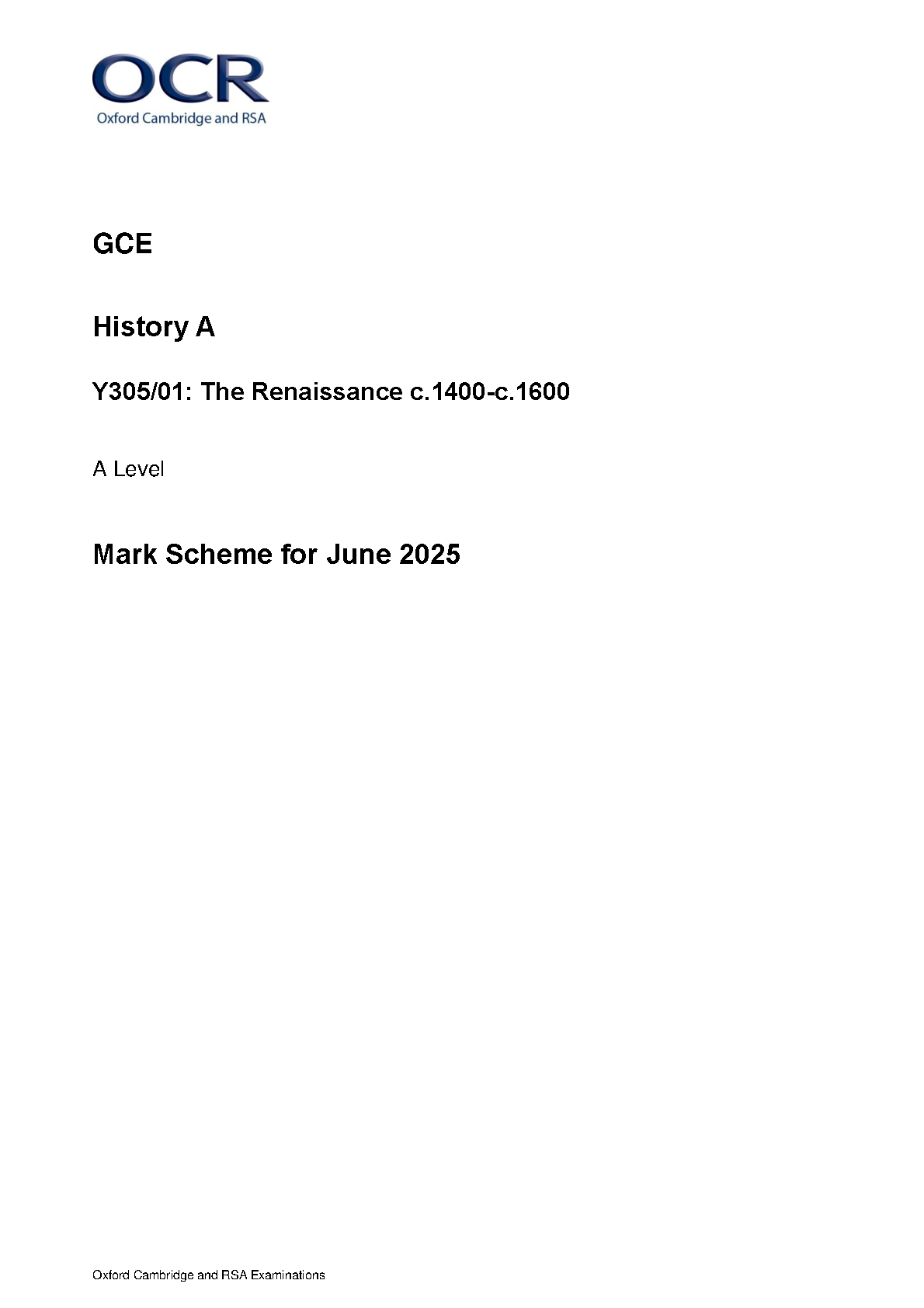 OCR A Level History A Renaissance 2025 Mark Scheme