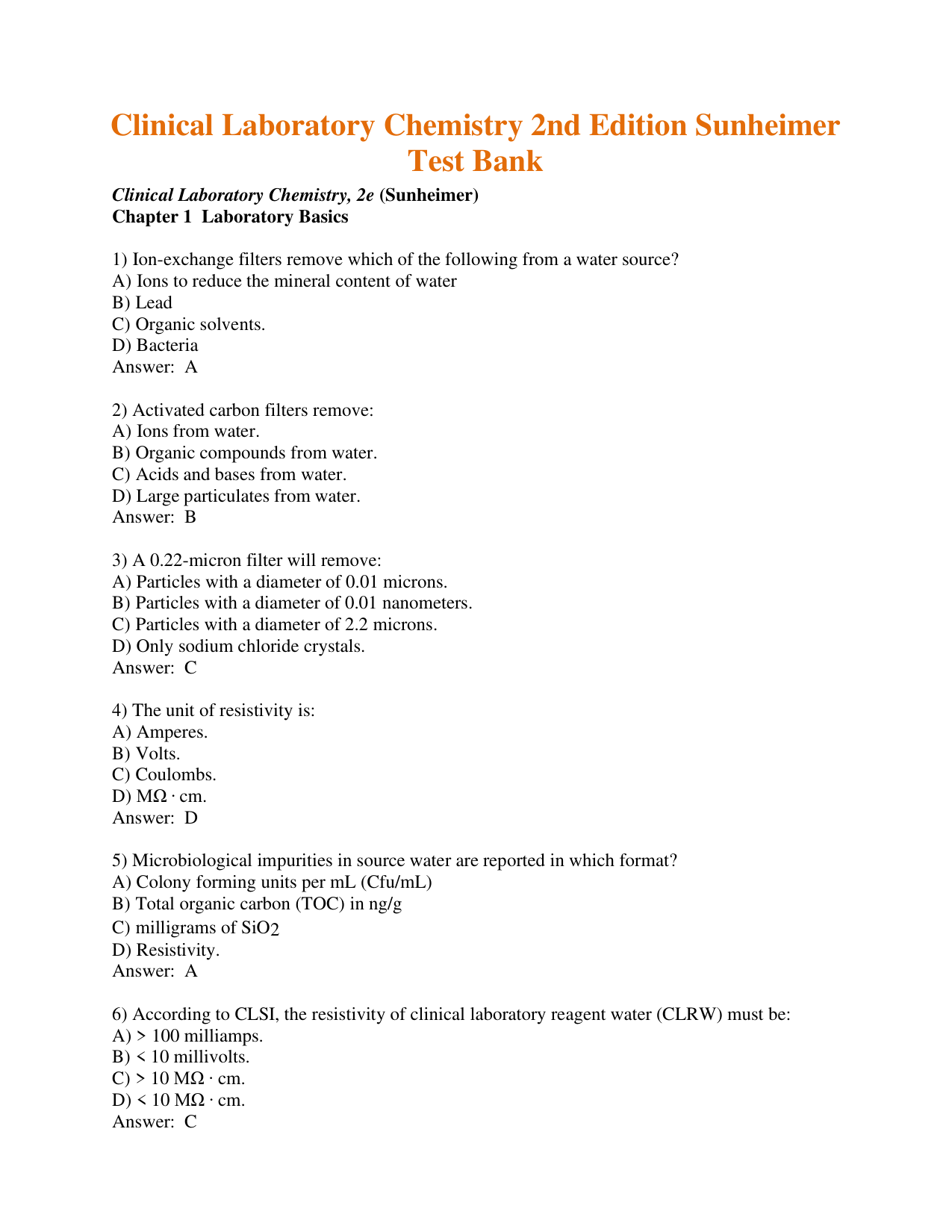 Clinical Laboratory Chemistry 2nd Edition TEST BANK